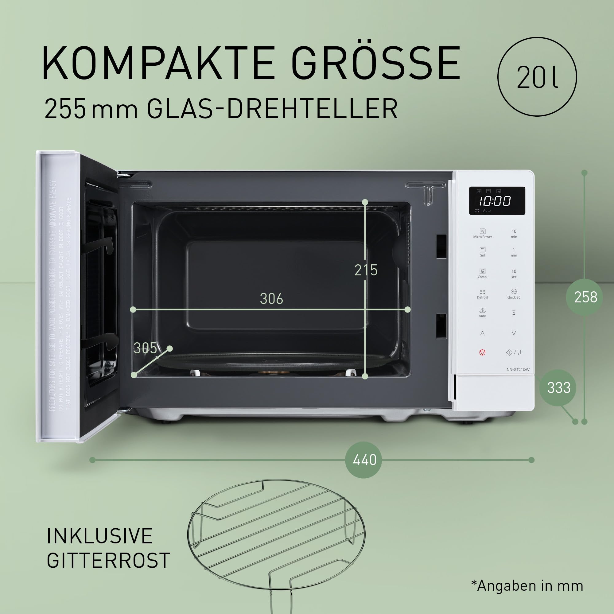 Panasonic NN-GM21QWEPG 20L Kompakt-Mikrowelle mit Grill, 800 W, Kombi-Garen, 5 Leistungsstufen, Auftaufunktion, Drehregler, Glasdrehteller, Weiß