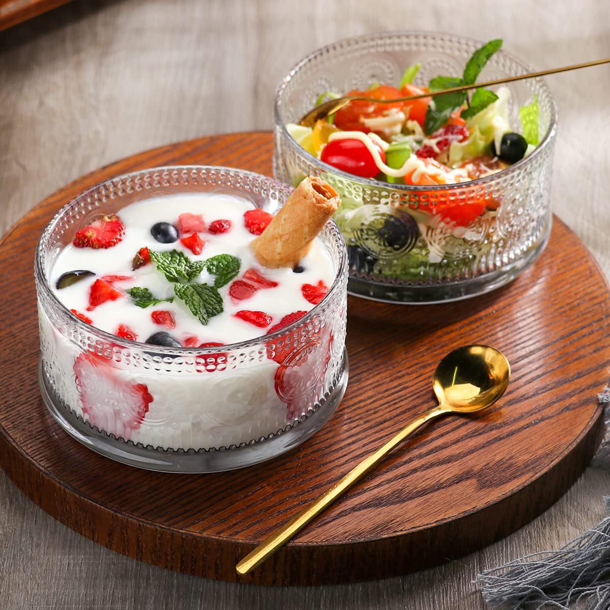 Glass Dessert Bowls, Serving Bowl with Gold Spoon Trifle Bowl Ice Cream Bowls For Dessert, Ice Cream, Cereal, Nuts, Pudding (Sunflower-Set of 2, 15.5oz)