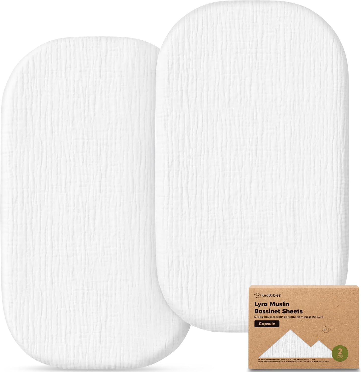 2-Pack Muslin Baby Bassinet Sheets Girls, Boys – 100% Cotton Organic Bassinet Sheets, 33x20 Oval Capsule Mattress Cover,Universal Fit Compatible with Maxi Cosi Iora Baby Bassinet Mattress (Soft White)