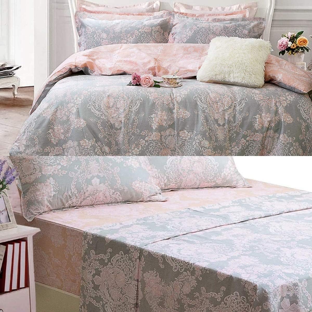 Brandream 7Piece Bed in A Bag Blush Pink Gray Damask