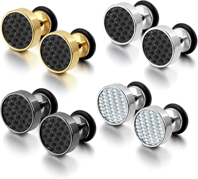 Cupimatch Cool 10mm Mens Stainless Steel Stud Earrings Women Piercing Ear Plug Tunnel Set of 4 Pairs