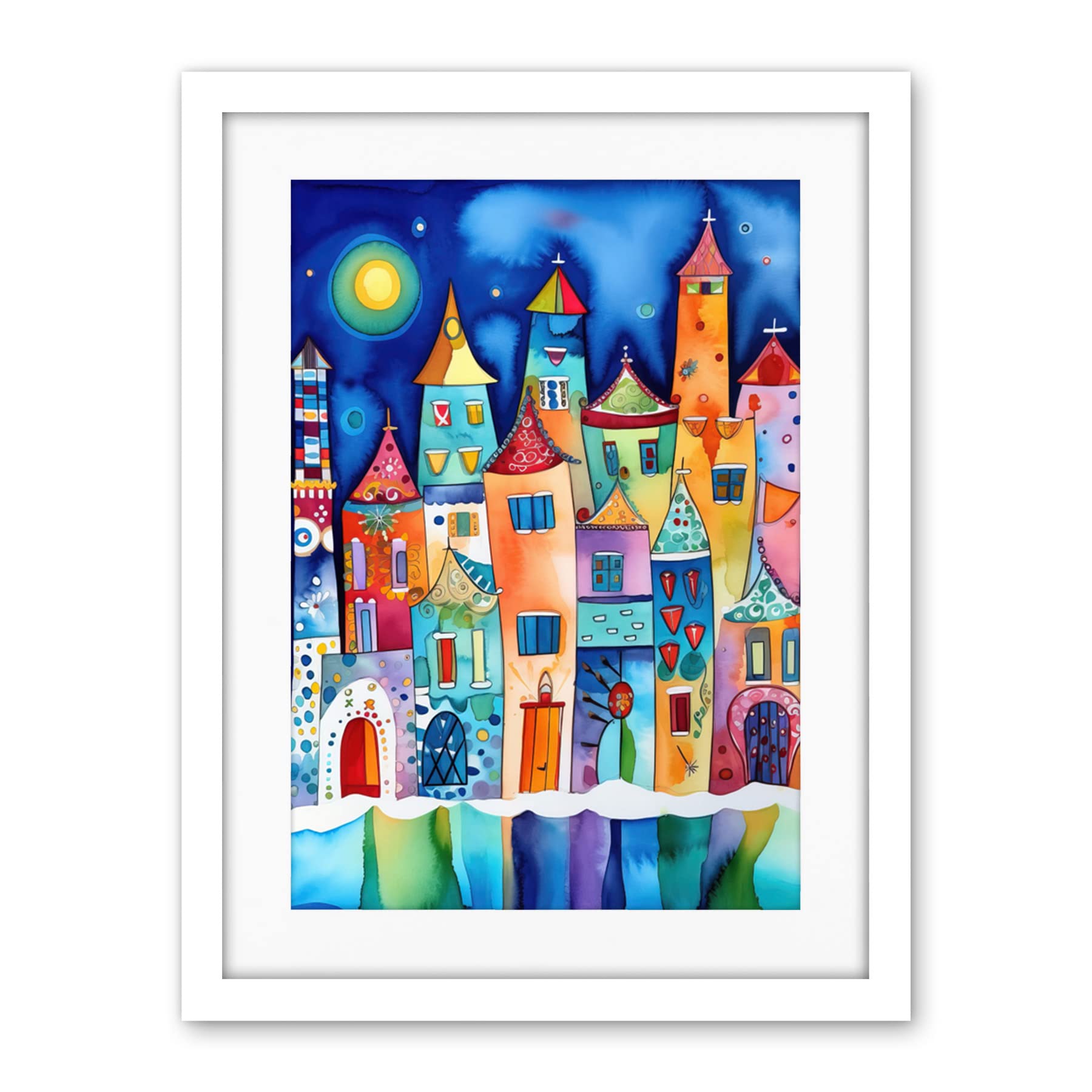Artery8 Midnight Abstract Town Folk Art Artwork Framed Wall Art Print 18X24 Inch