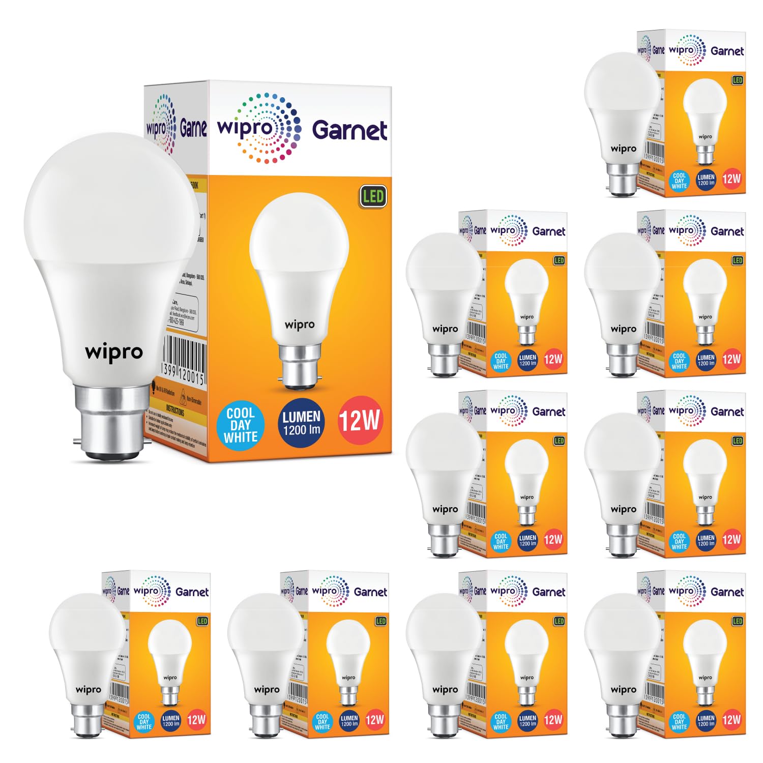 wipro Garnet Base B22 12-Watt LED Bulb (Pack of 10, Cool Day Light)