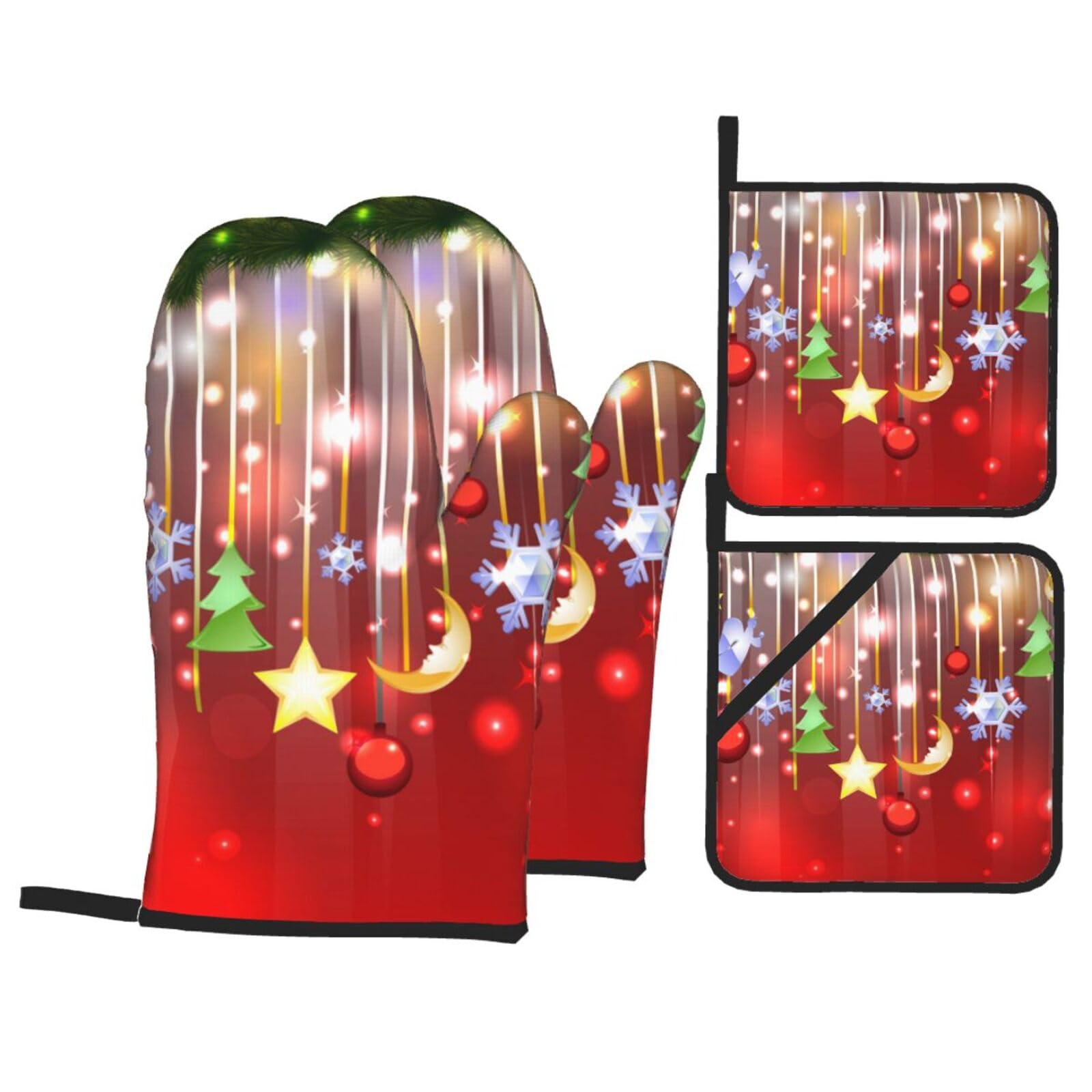 Merry Christmas Print Stylish Heat-Resistant Oven 4-Piece Set Kitchen Gloves Roasting Daily Cooking