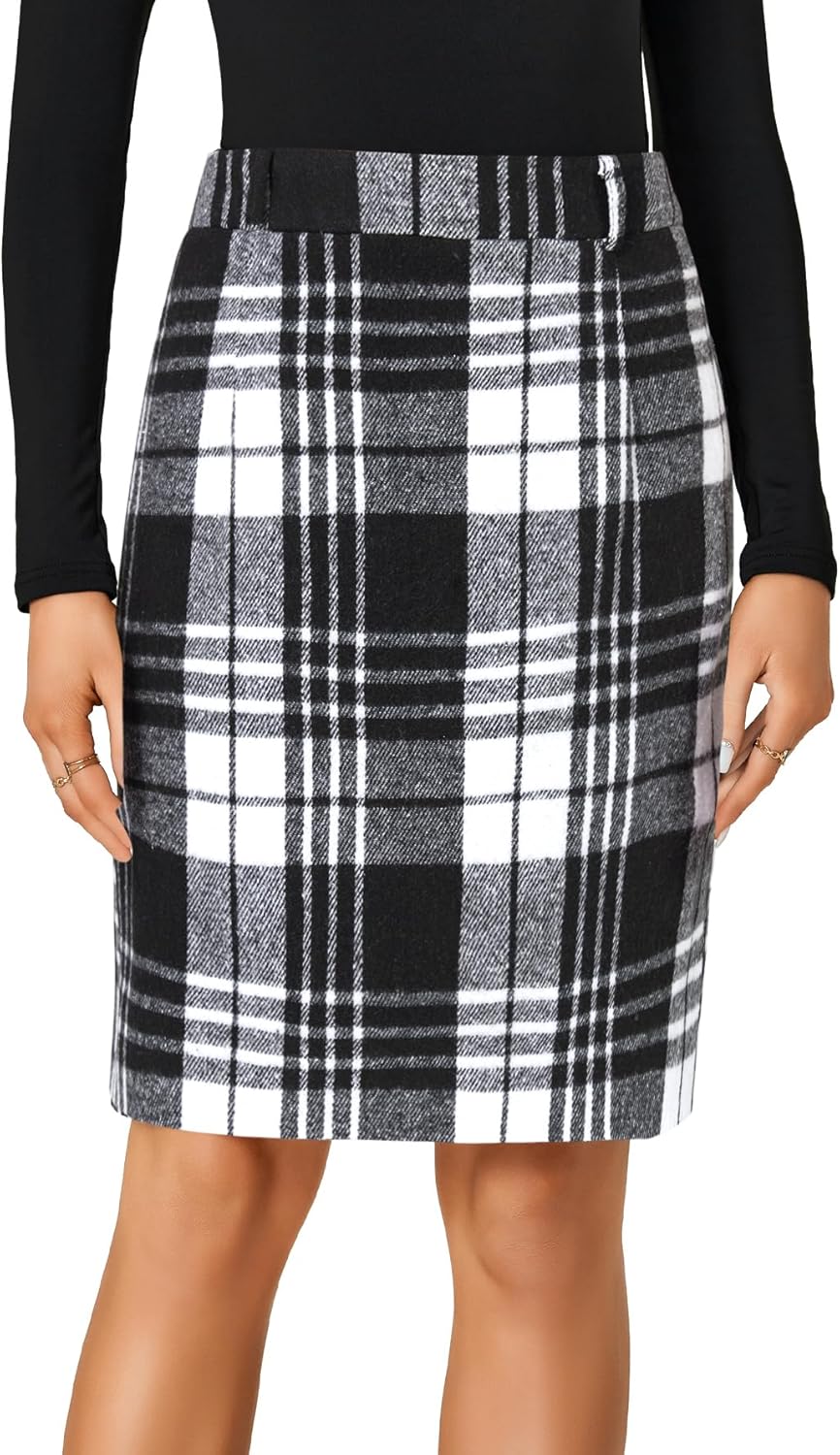 LYANER Women's Wool Plaid Print High Waist Zipper Bodycon Fall Pencil Midi Skirt Knee Length