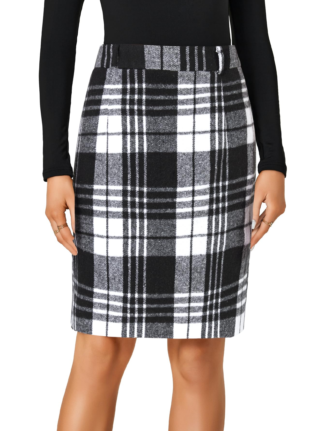 LYANER Womens Wool Plaid Print High Waist Zipper Bodycon Fall Pencil Midi Skirt Knee Length