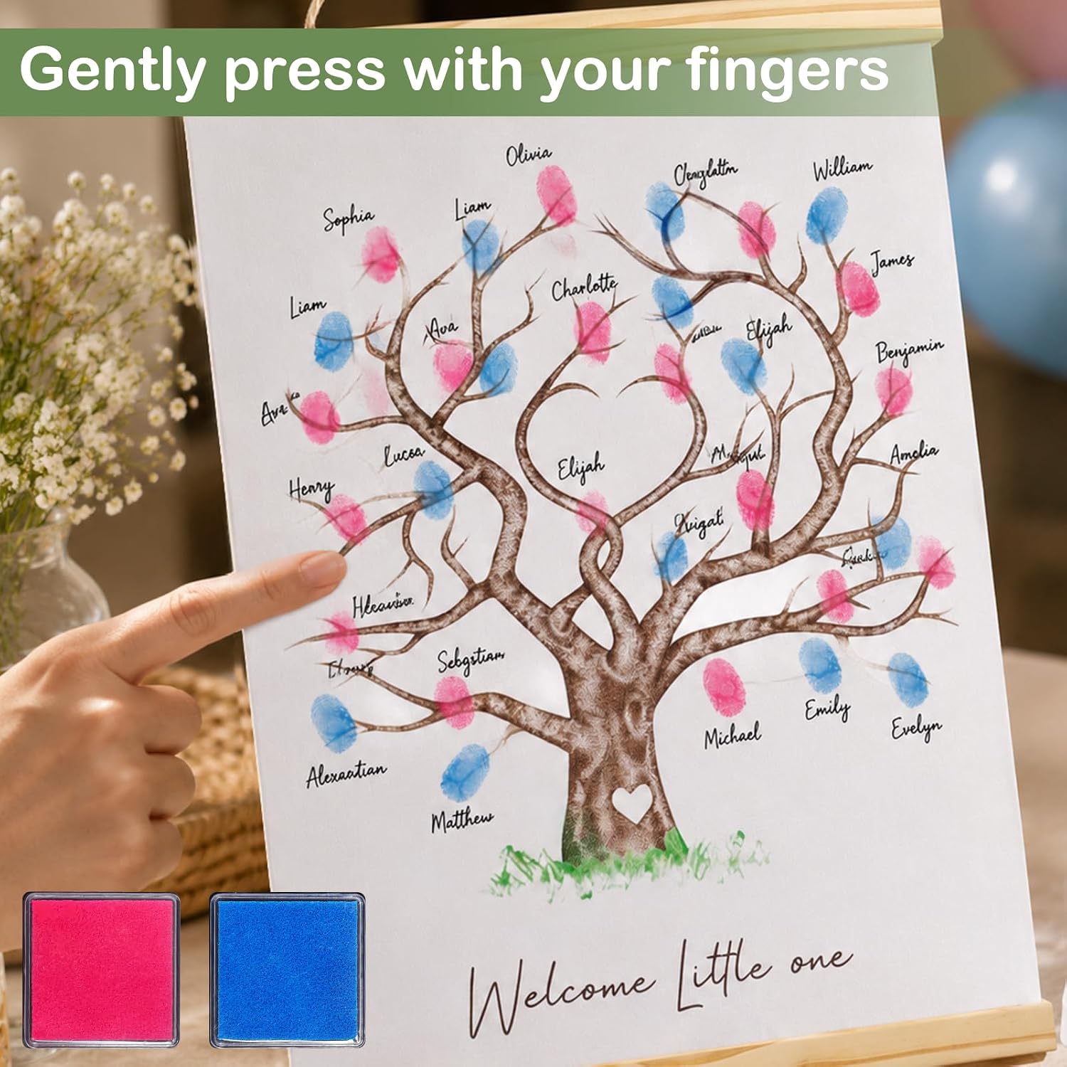 Gender Reveal Fingerprint Tree Canvas Thumbprint Guest Book with 2 Ink Pads