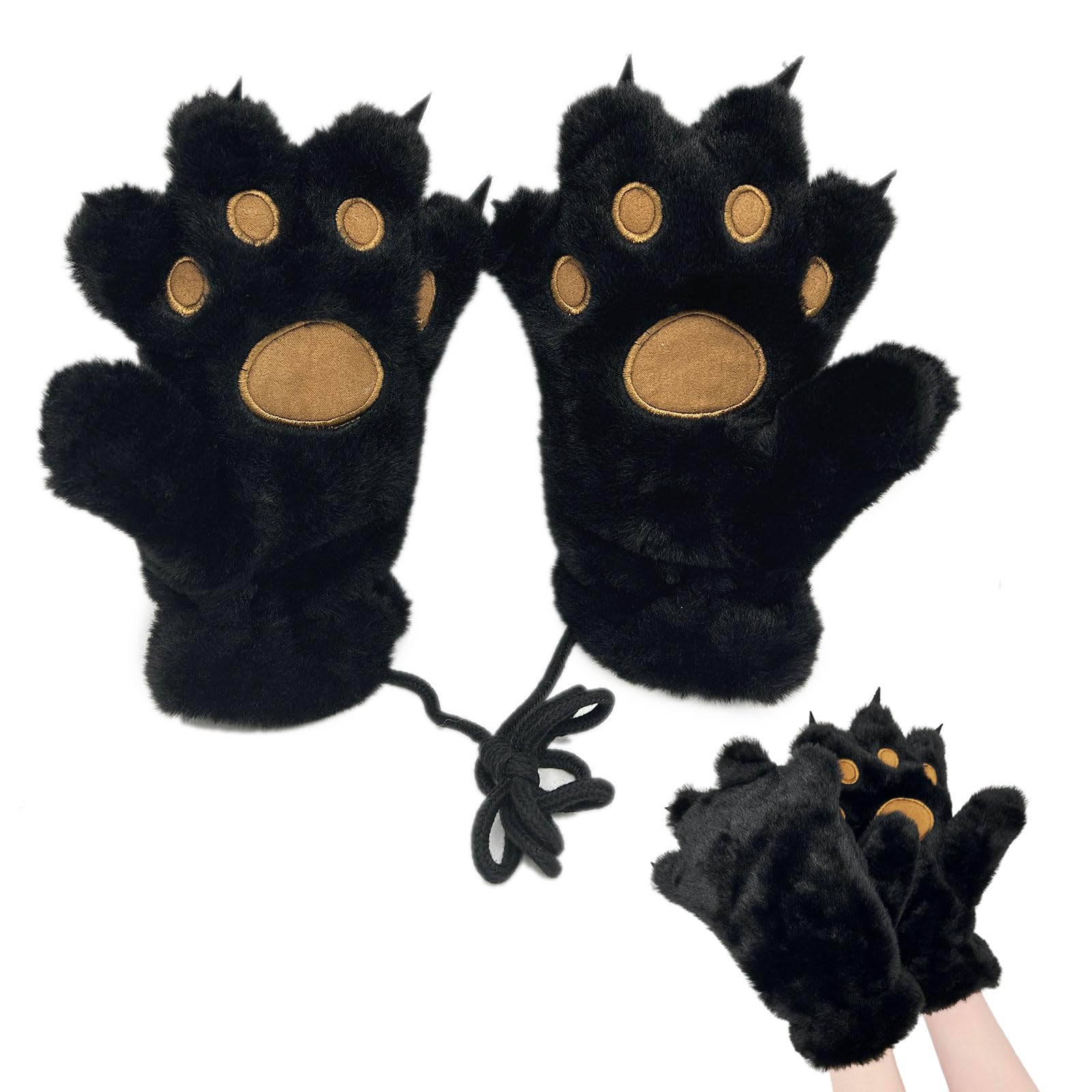 TUONYIS Cat Paw Gloves, Winter Gloves Womens Furry Bear Paws Gloves, Kawaii Plush Warm Gloves, Thermal Cute Mittens, Animal Wolf Handwear, For Teens Girls Halloween Christmas Cosplay Party (Black)