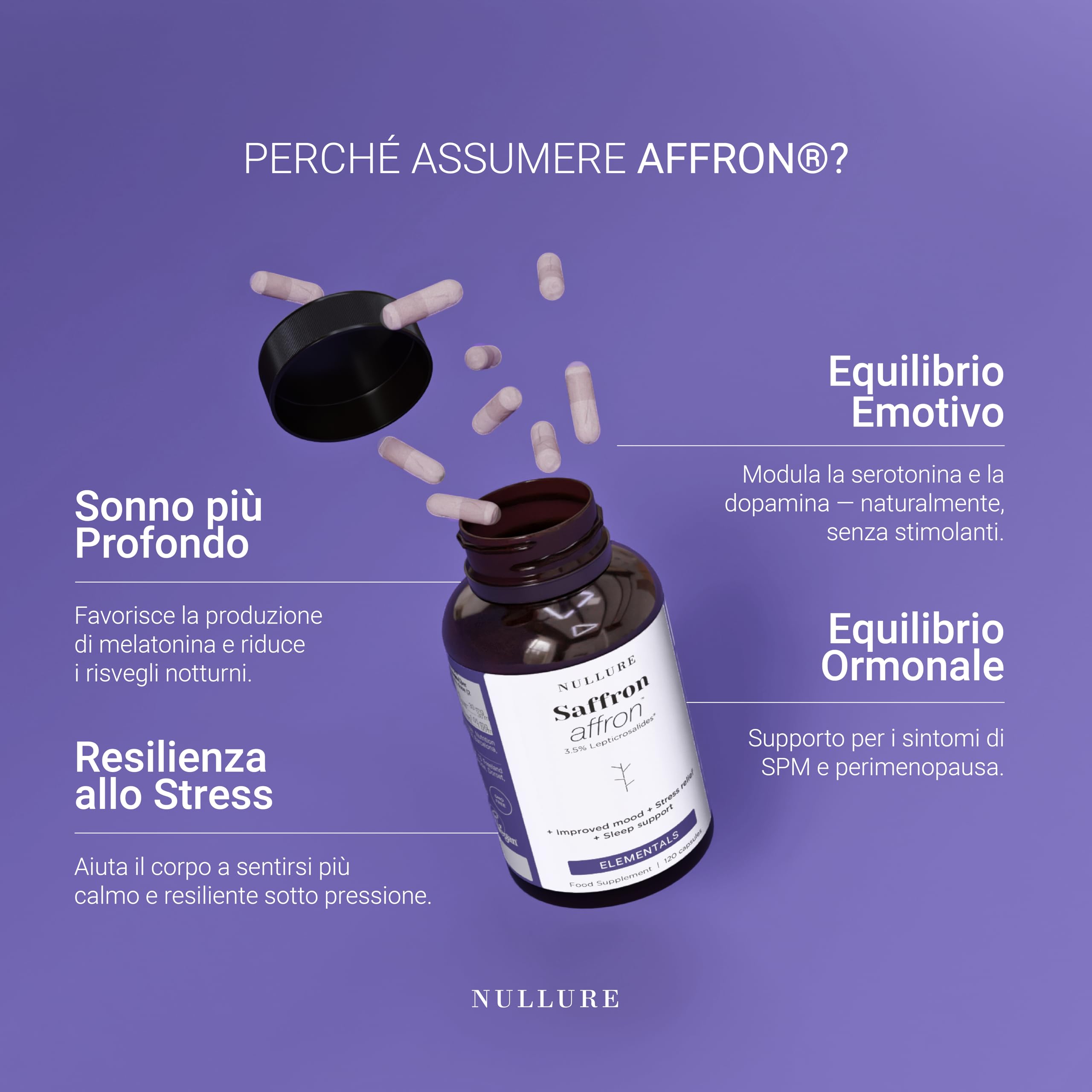 Nullure Zafferano Spagnolo Premium |Zafferano integratore brevettate Affron® | 3,5% Lepticrosalidi | Affron | Vegano e senza additivi |Umore · Stress · Ansia | Estratto di Affron puro | 120 capsule