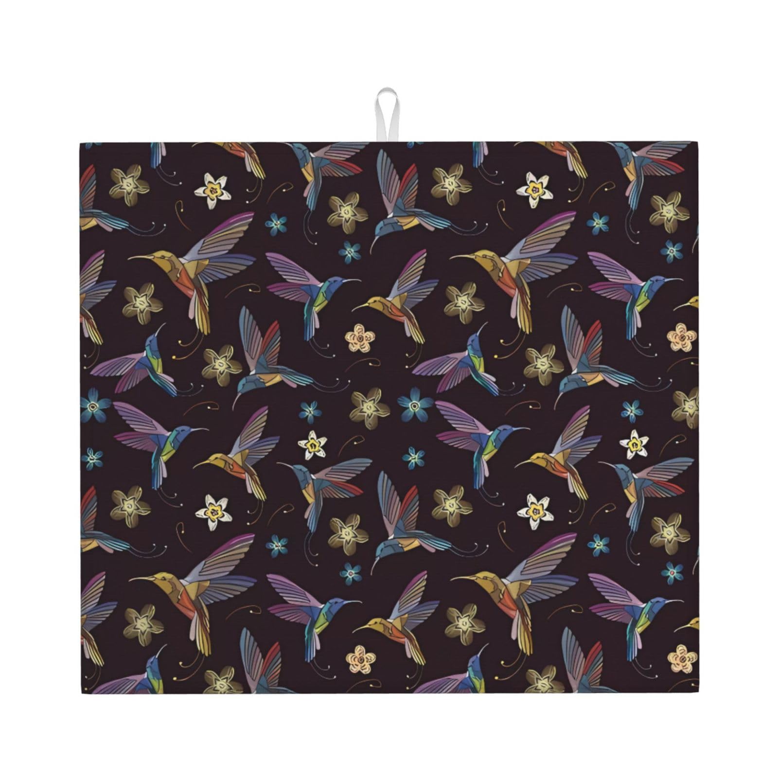 Yyhhaofa Black Flower Hummingbirds Embroidery Prints Kitchen Drying Mat – Absorbent Dish Throw For Countertops, Non-Slip Quick-Dry Layer With Stylish Prints
