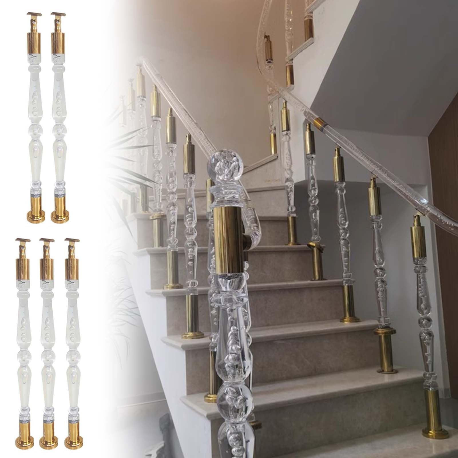 Whamtl 5 Pcs Stair Spindles Interior Stair Baluster Post Clear Acrylic, Modern Gold Staircase Railing Banister Spindle Column, Floor Mount Decorative Stairway Balusters(,80Cm (31 1/2"))