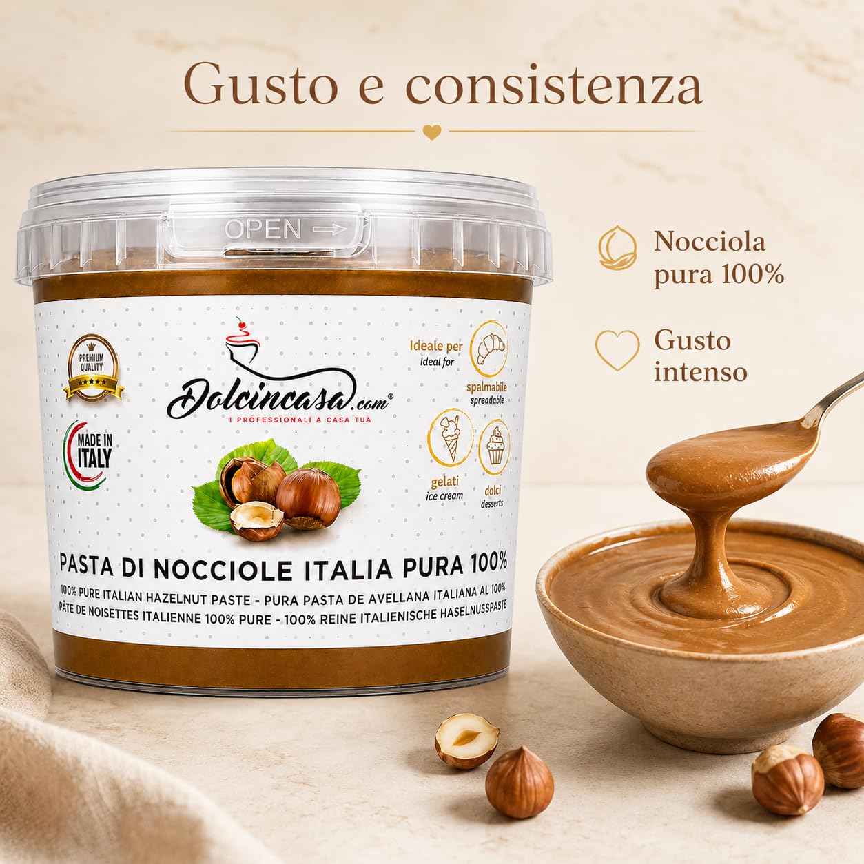 Dolcincasa-com Pâte de Noisettes Torréfiées 100% Pure Crème à Tartiner pour Glace Café et Diverses Utilisations en Confiserie Décorations Remplissages Sans Gluten sans Epaississants 500 Grammes