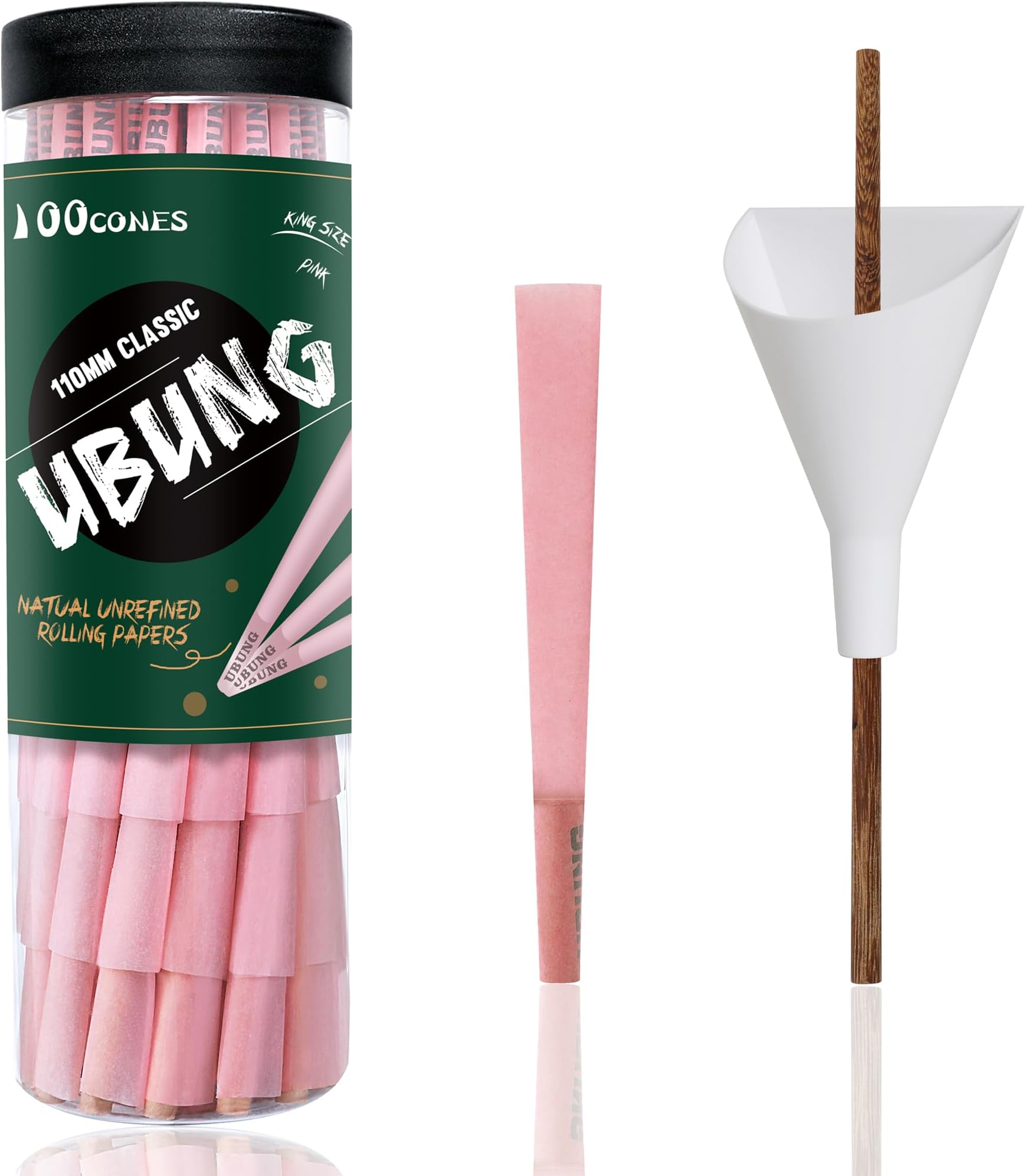 UBUNG Pink Cones, 100 Pack, King Size Pink Pre Rolled Cones With Tips, Slow Type Rolling Paper, Length 4.25 in / 108 mm, Including 1 Cone Loader And 1 Push Rod