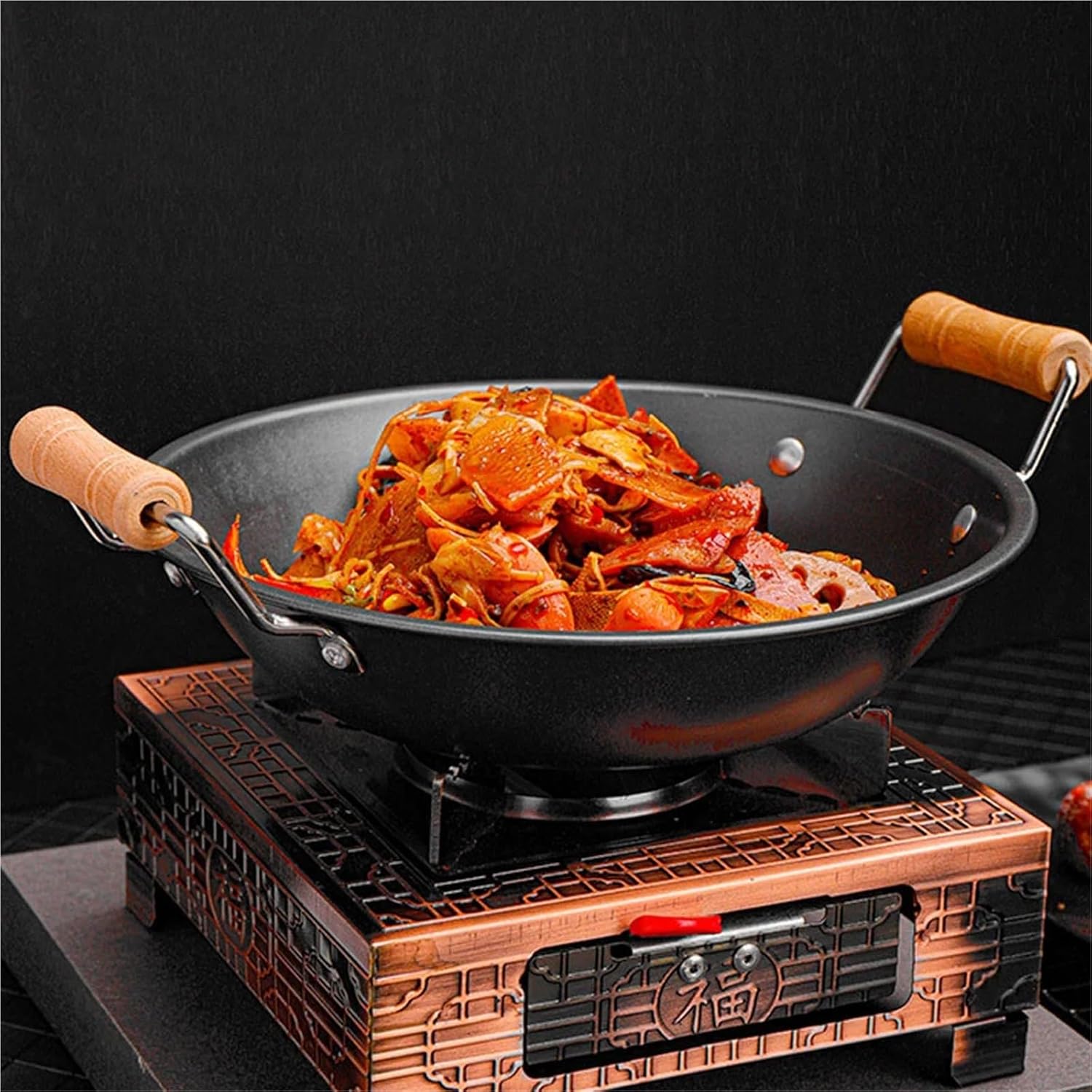 Stainless Steel Outdoor Wok Pan – Durable, Non-Stick Griddle Frying Pan with Wooden Handle, for Camping and Home Cooking on Gas, Electric, and Induction Stoves