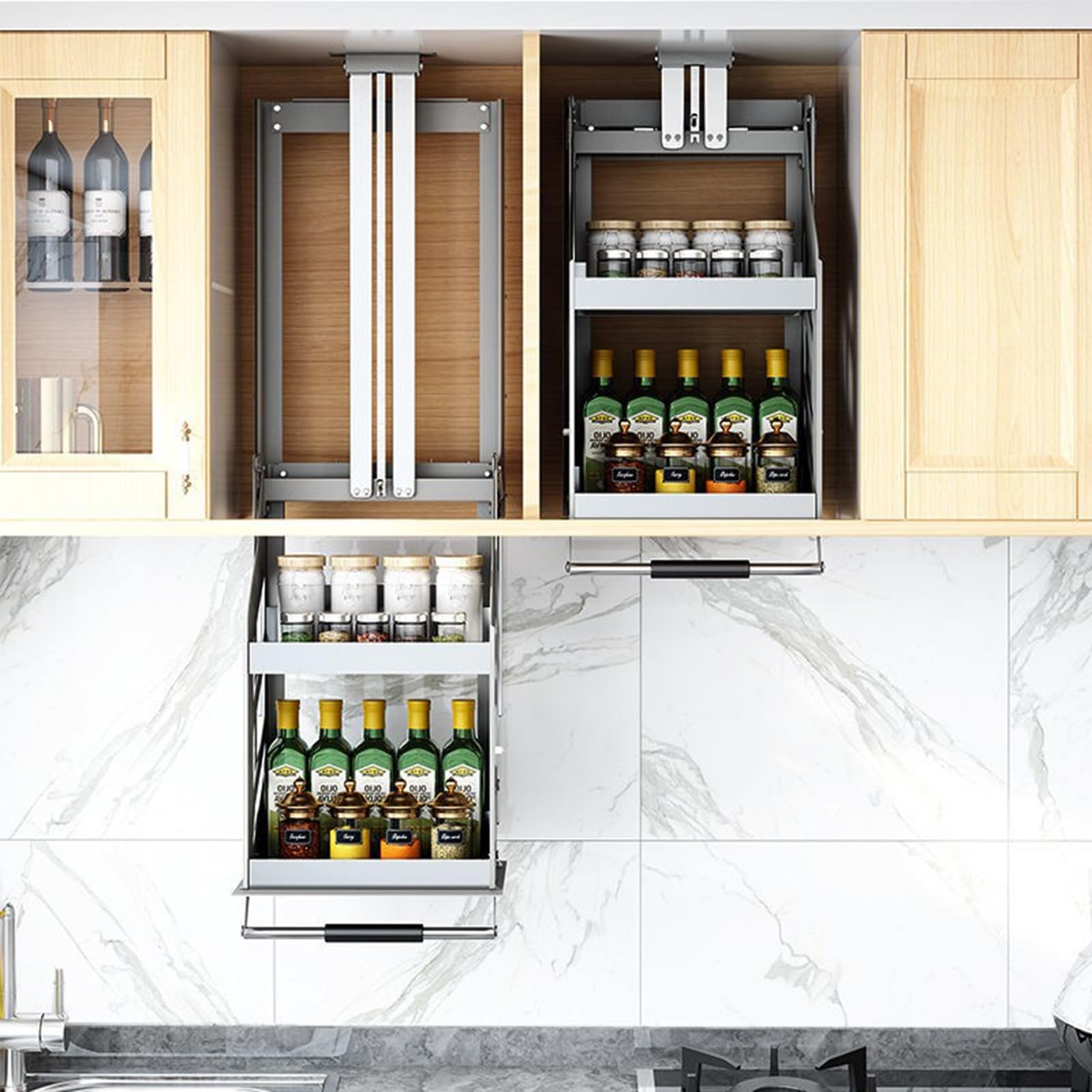 OLSKFUH Drop Down Kitchen Spice Rack, Stainless Steel Storage Shelf, Inner Space Saving Plate For Kitchen Appliance Lift Upper Cabinet,50cm Cabinet-H 62cm