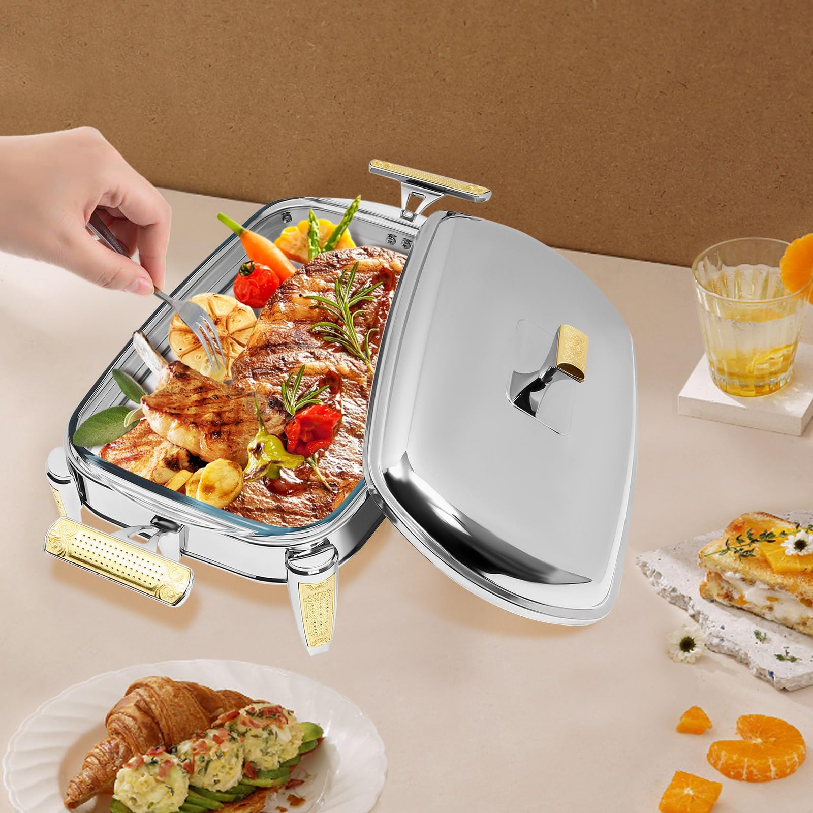Set di stoviglie rettangolari in argento, per riscaldamento a buffet, contenitore termico per alimenti, 2,2 l, maniglie portatili, copertura in acciaio inox, bordi rotondi, per famiglie, cuc