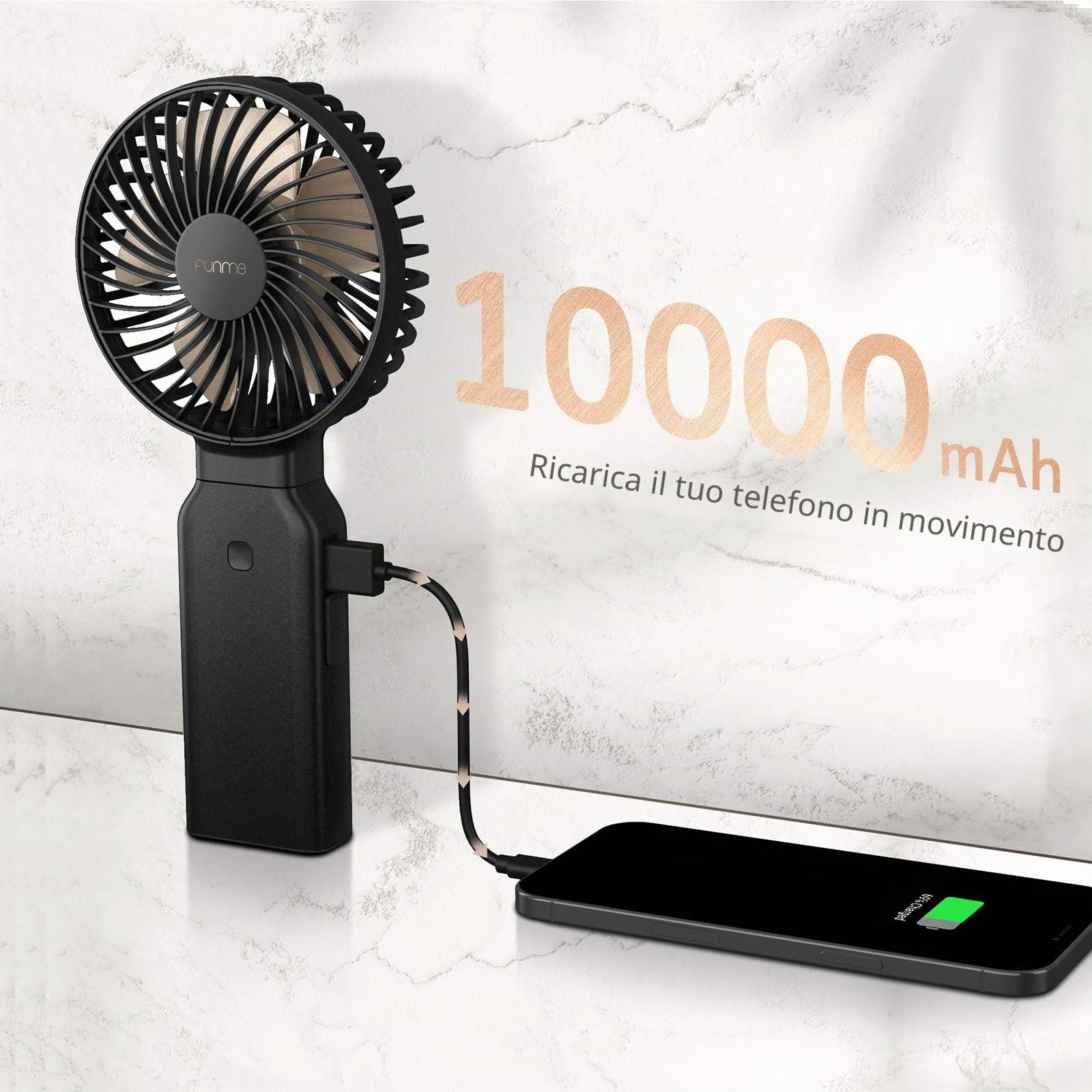 Funme Ventilatore USB Ricaricabile Ventilatori Mano Portatile 9-53 Ore di Utilizzo Ventilatore Pieghevole Elettrico 4 Velocità per All'aperto Casa Ufficio Viaggio
