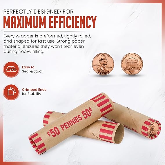 PM Company 100 Pcs Preformed Pennies Coin Wrappers Rolls