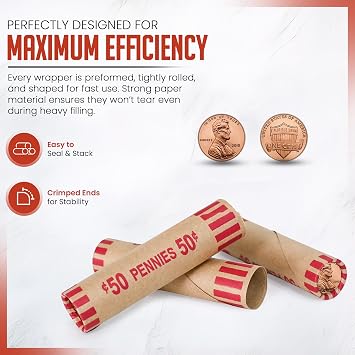 PM Company 100 Pcs Preformed Pennies Coin Wrappers Rolls
