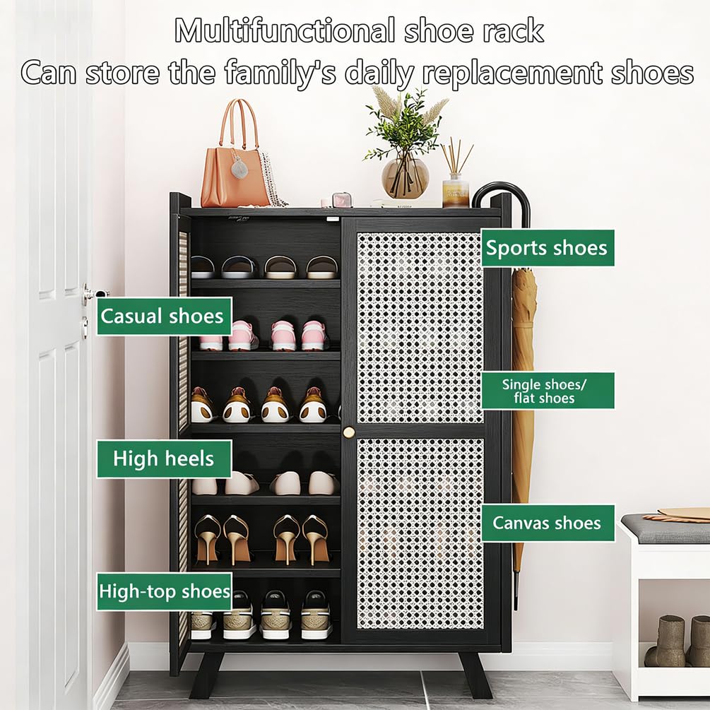 Meuble de Rangement à Chaussures Armoire D'entrée étroite Buffet Haut en Rotin étagère à Chaussures en Bambou Grand Meuble à Chaussures Autoportant