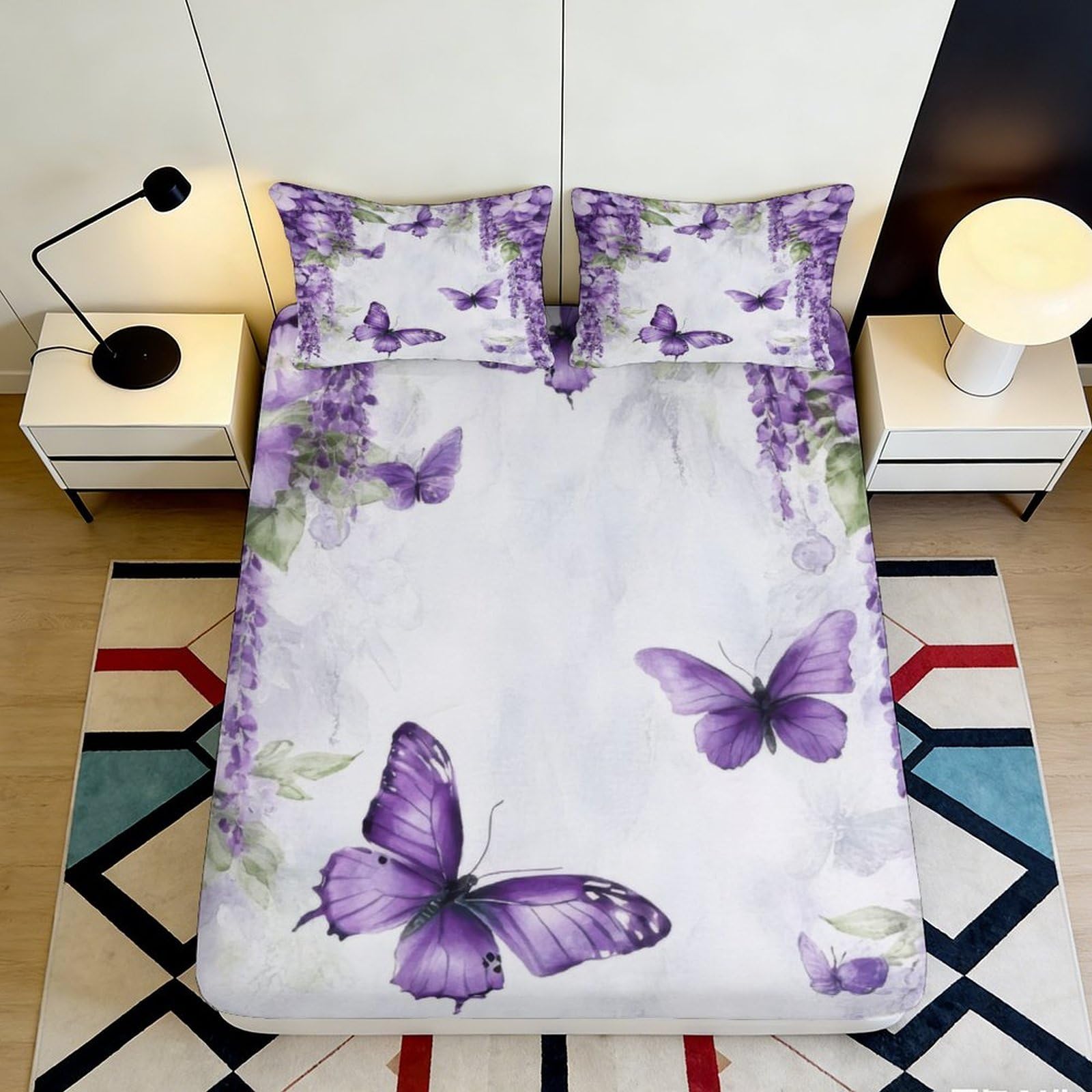 Kzqnxhjprl Style-6 3D Printed Purple Butterfly Fitted Sheet Microfiber Soft Anti-Slip Floral Mattress Cover For Bedroom Guestroom Home Decor 90X200x25cm