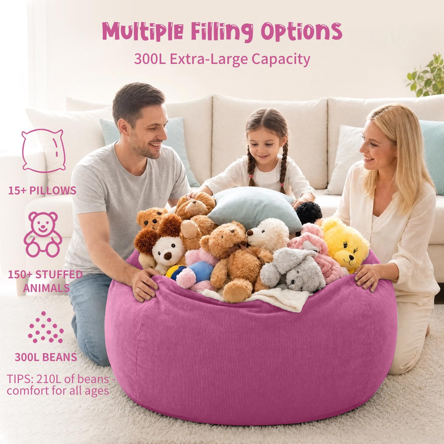 Funda para Silla de puf (sin Relleno) para niños y Adultos Almacenamiento de Animales de Peluche, Pana Suave de,300 L
