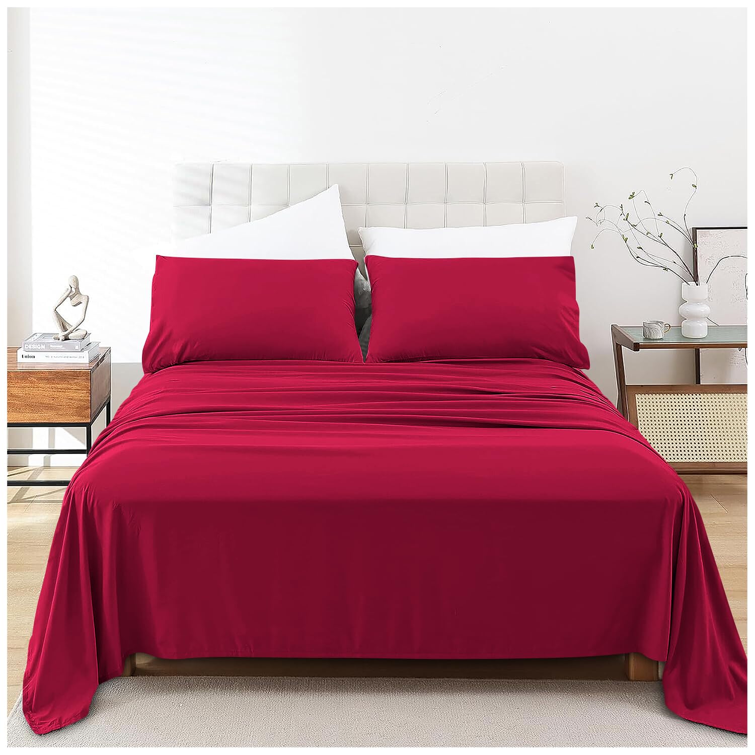 Premium Flat Superking Sheet Red Hotel Bedding Polycotton Flats Sheets Plain Dyed Fabric Bedsheet