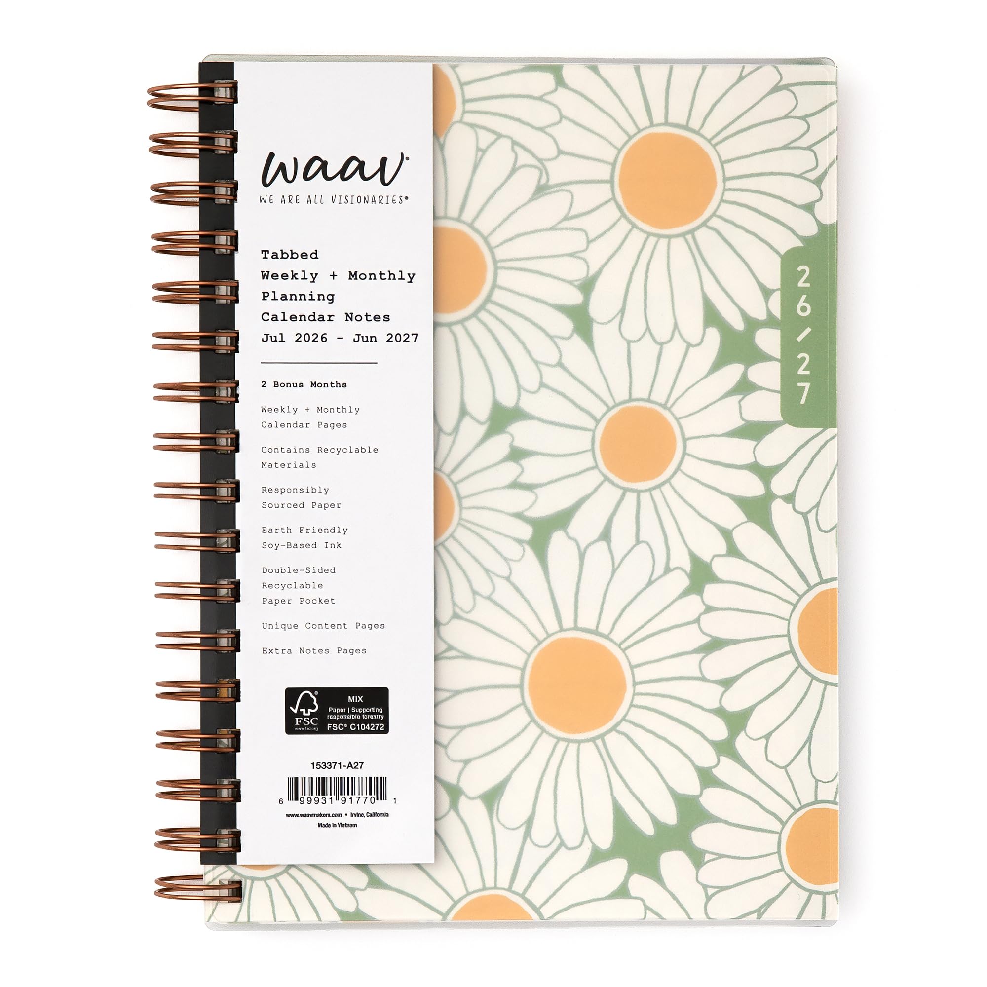 Blue Sky WAAV 2026-2027 Weekly and Monthly Academic Year Planner Calendar, July 2026 - June 2027, 7" x 9", Flexible Cover, Wirebound, Laminated Tabs, Storage Pocket, Includes 20 Extra Notes Pages