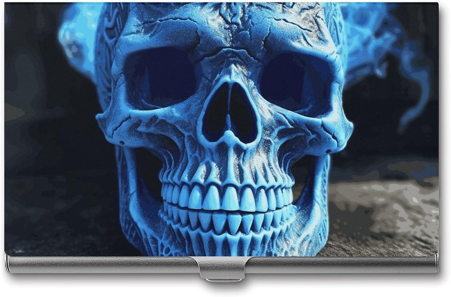 3D Print Blue Skull Business Card Case for Women Or Men Snaps Closed Portable Name Holder Credit Card Holder for Business Meeting Use