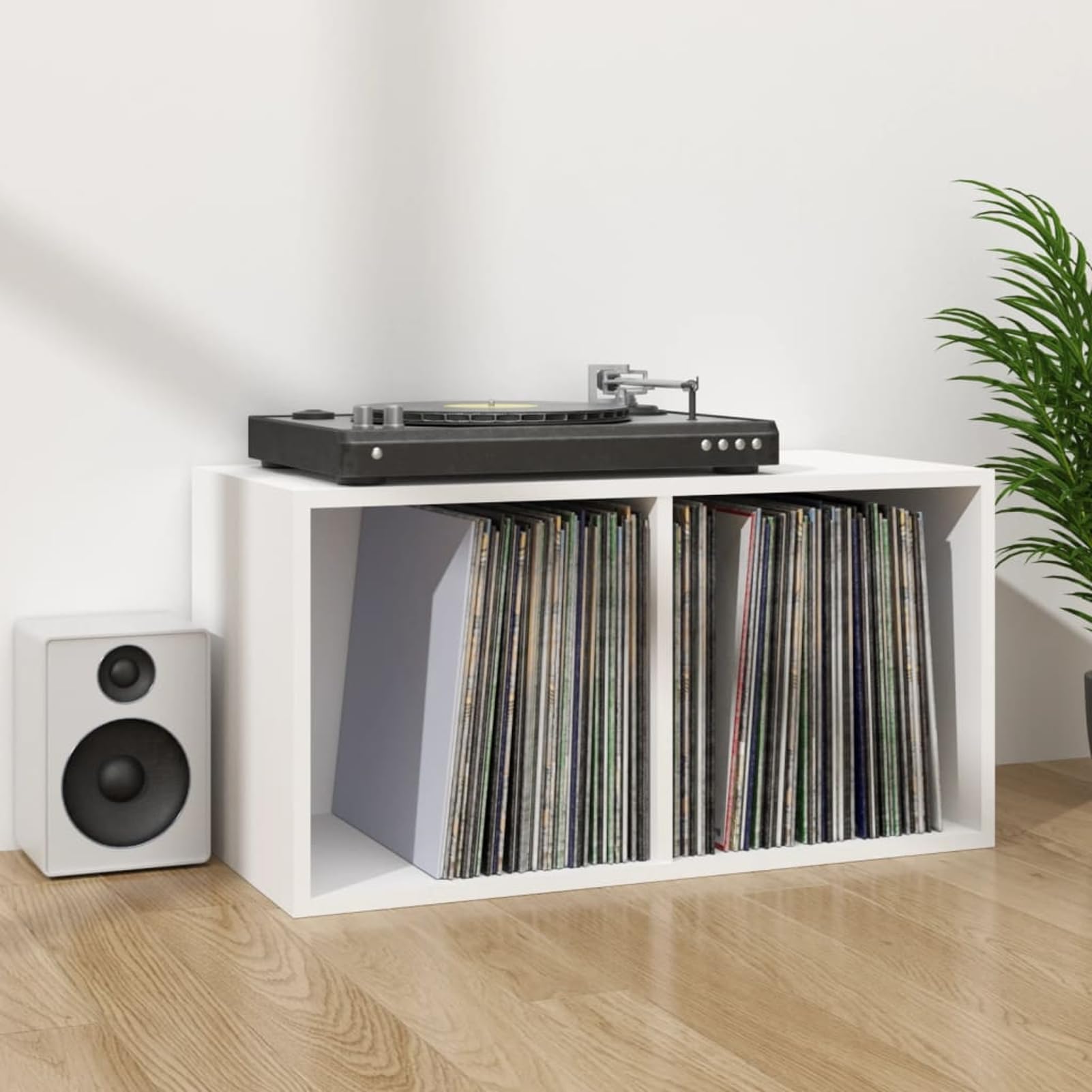 Schallplatten-Aufbewahrungsbox, LP-Vitrine aus Holz mit 2 Fächern, weißes Holzregal für Musiksammlung und Büroorganisation