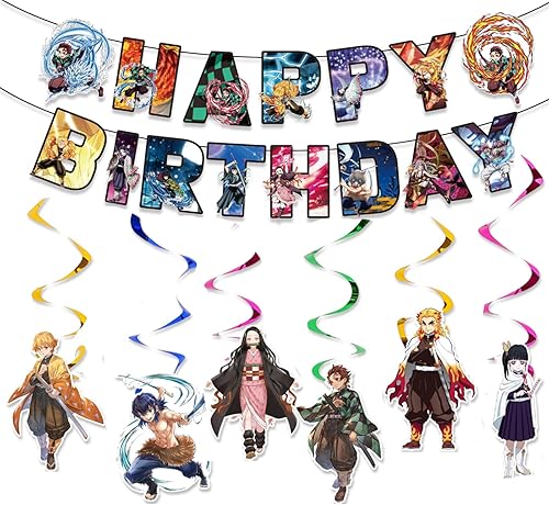 13 piezas de suministros de fiesta de Demon Slayers, 6 espirales colgantes de Demon Slayer y 1 pancarta de feliz cumpleaños para decoración de