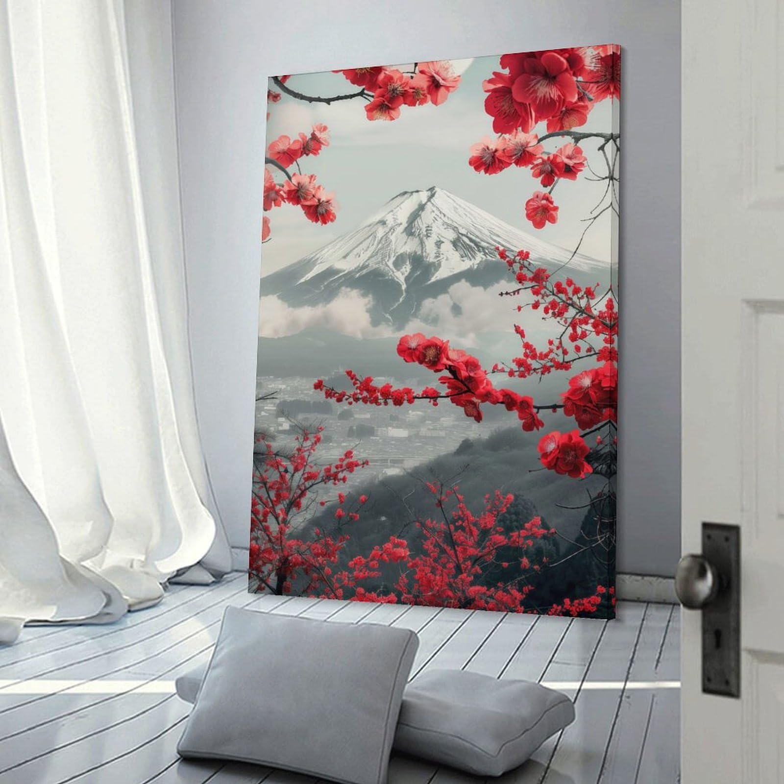 Junmoney Frame-Style-11 Canvas Wall Picture Cherry Blossom Mount Fuji, 20X30inch(50X75cm), For Bedroom, Lounge Or Dressing Area, Stylish Decor For A Restful Room Update