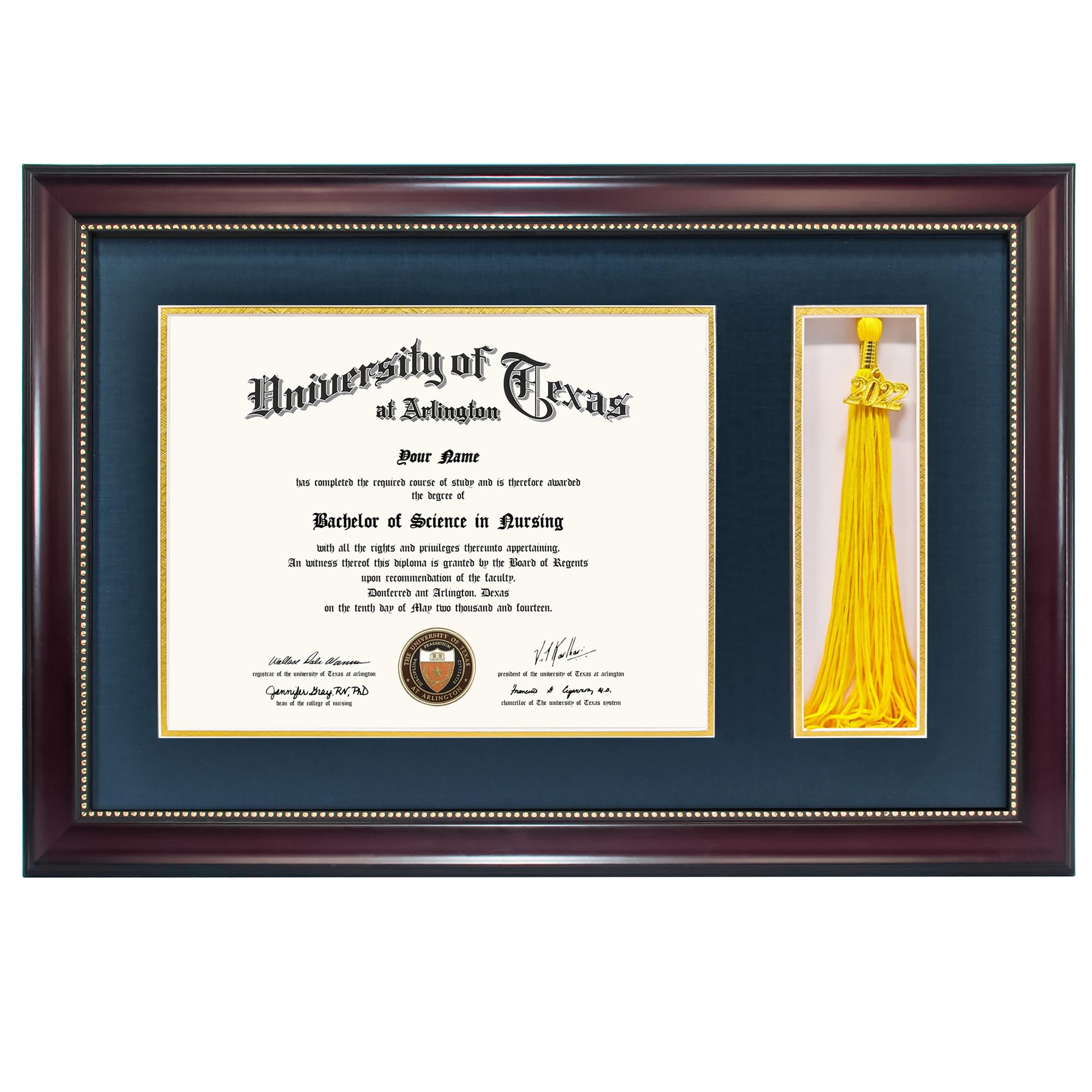 GraduationMall 11x17 Mahogany Diploma Frame with Tassel Holder for 8.5x11 Certificate Document,Real Glass, Navy Blue over Gold Mat Mahogany With Gold Beads / Blue Gold Mat Diploma + Tassel