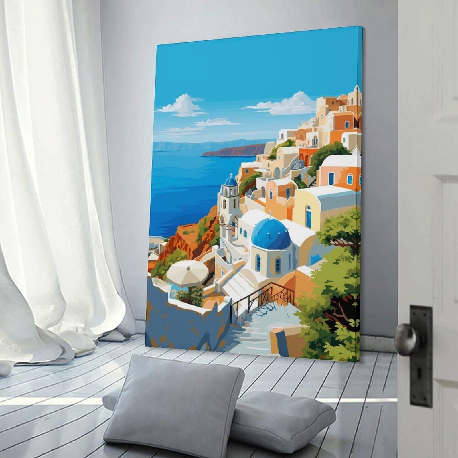 Junmoney Spring Santorini Travel Wall Picture Print, 20x30inch(50x75cm), for Flats, Guest Rooms Or Compact Rooms, Decorative Canvas Decor for Home Updates