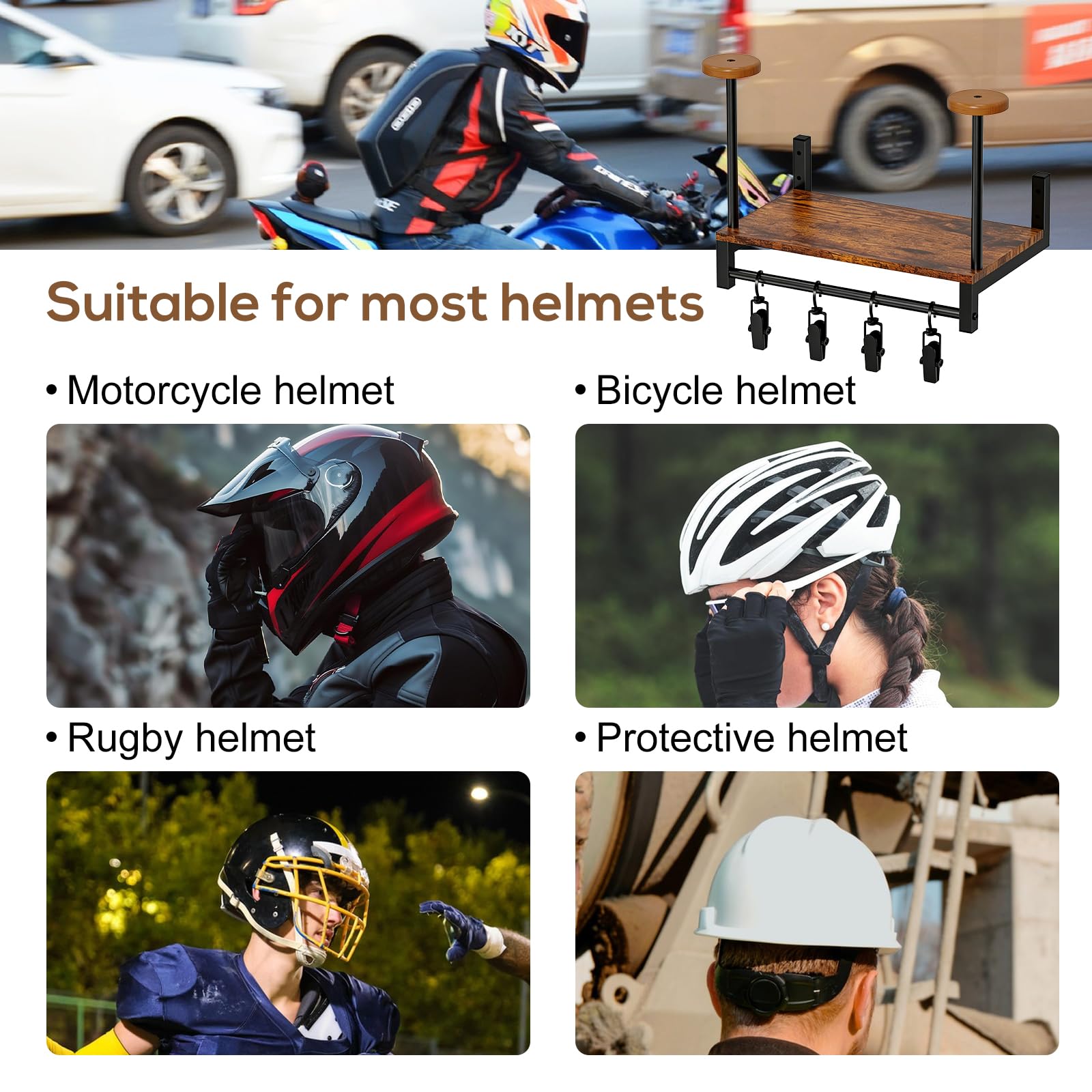 GOMETY Porte Casque Moto Mural avec Étagère en Bois, Support Rétro pour 2 Casques, Rangement Multifonction avec 4 Clips pour Gants, Veste et Accessoires Moto, Vélo et Football