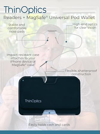 ThinOptics Readers with Wallet - Armless On-Nose Reading Glasses - Slim Wallet Attaches to Phone - MagSafe Compatible