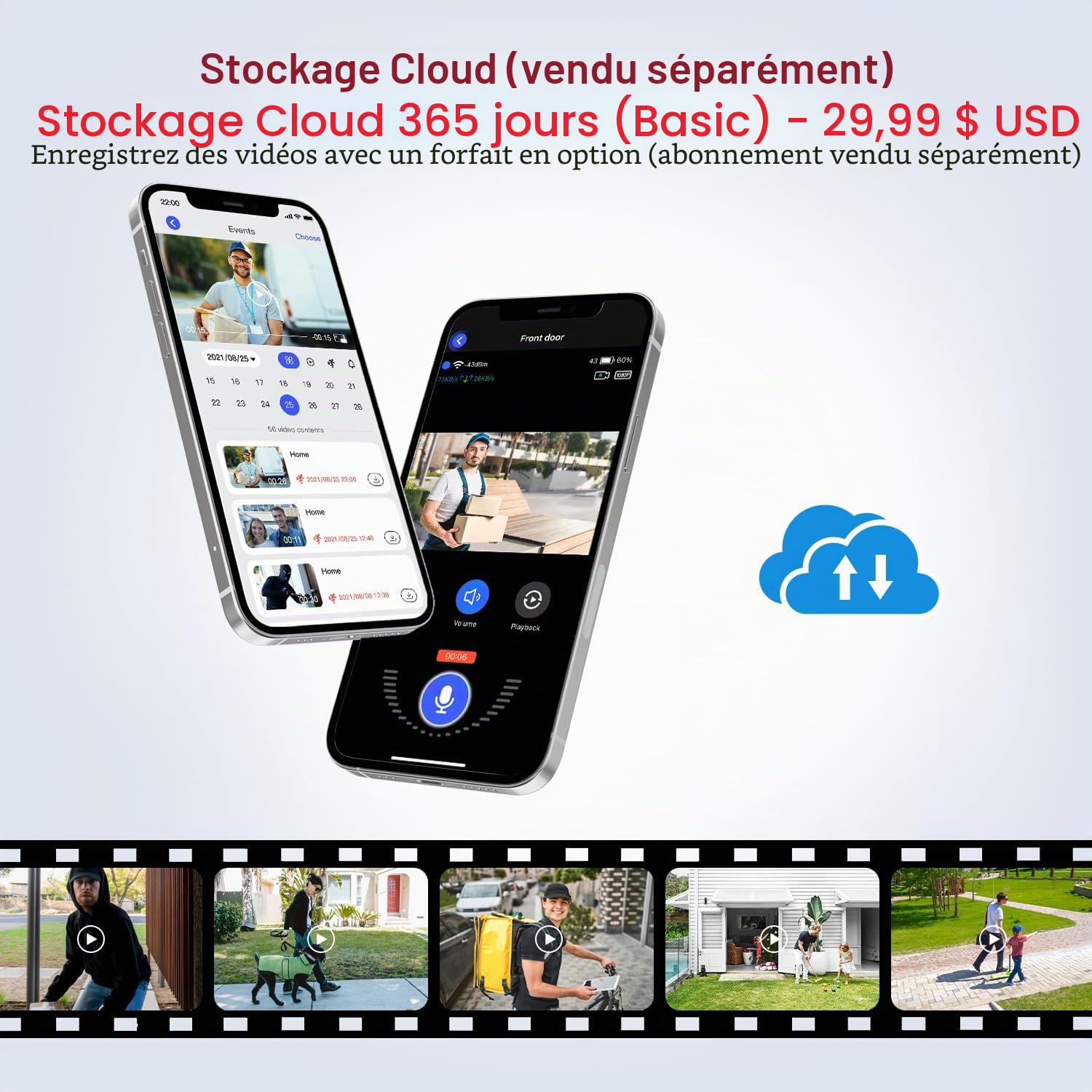 Sonnette vidéo WiFi 1080p sans fil, détection humaine AI, conversation bidirectionnelle, Wi-Fi 2,4 G, alimentation par batterie, stockage dans le cloud, surveillance intérieure et extérieure