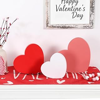 Valentines Day Decorations-3pcs Wooden Heart Sign White Pink Red for Home Shelf Mantel Fireplace Table Windowsill Decor