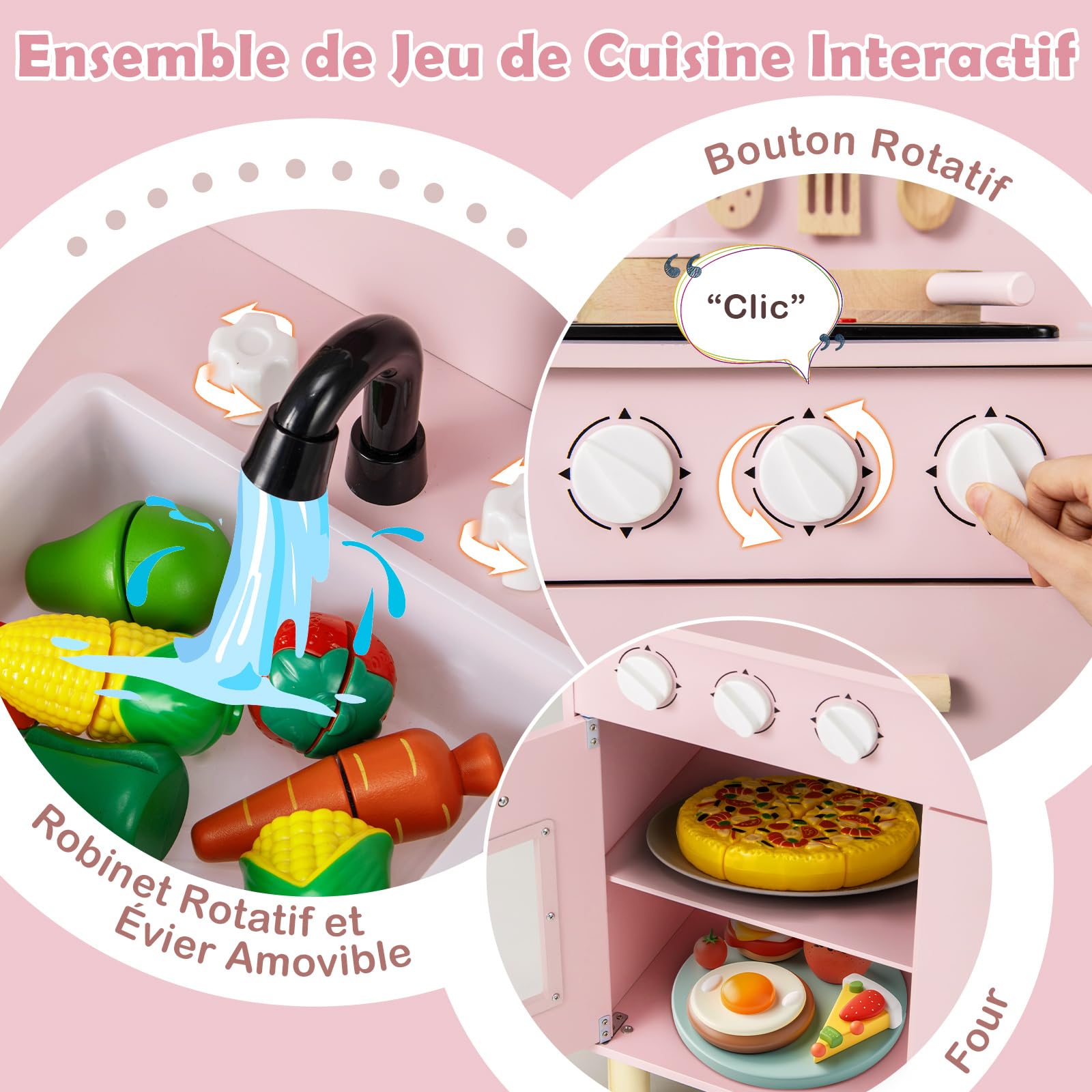 COSTWAY Cuisine Enfant en Bois avec Lumière & Son & 10 Accessoires, Jeu de Cuisine Enfant avec Évier Amovible & Poêles Double, Espace de Rangement, Jeu de Rôle pour Enfant de 3 Ans+ (Rose)