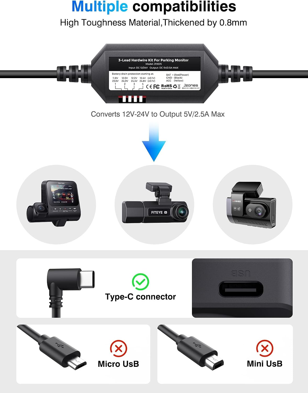 Hardwire Kit for Dash Cam, 24/7 Parking Mode Type-C Cable image 4