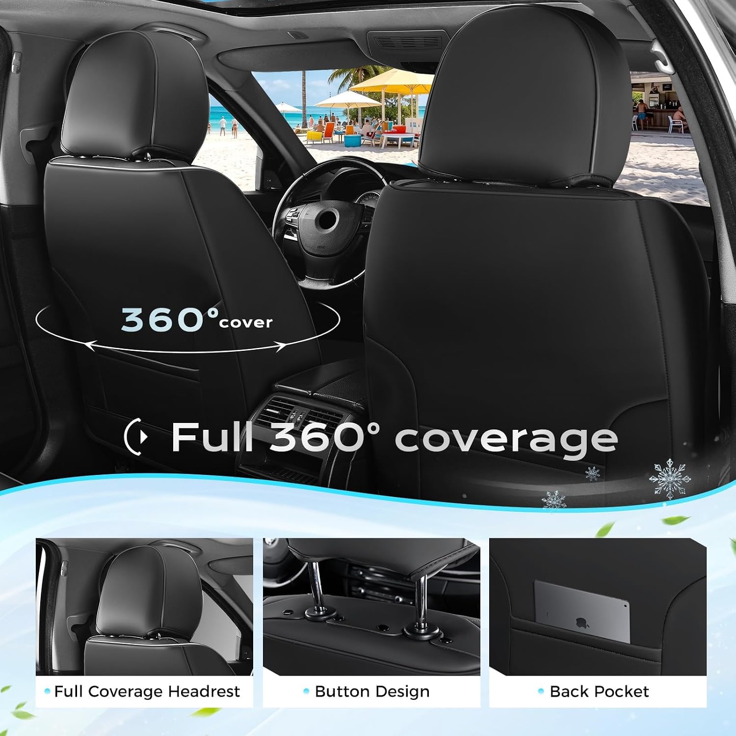  Leather Front Seat Covers, 2-Pack Universal Waterproof Breathable Leather Woven Leatherette Seat Cushions, Auto Car Seats Protectors, Fit for Most Vehicles-Blackpure thumbnail