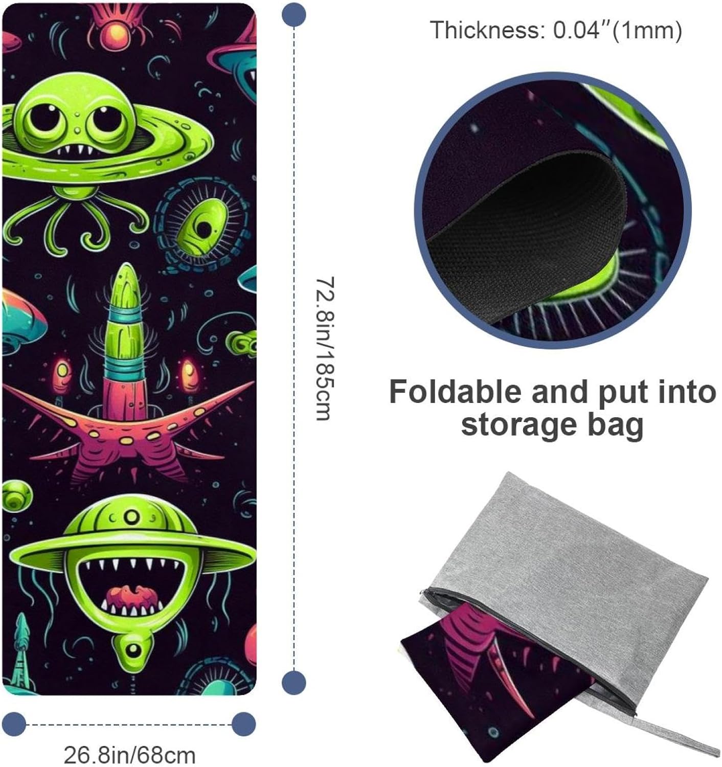 Yoga Towel, Outer Space Alien Pattern Non Slip Sweat Absorbent Hot Yoga Mat Towel for Hot Yoga, Pilates and Fitness - 72.8" x 26.8"