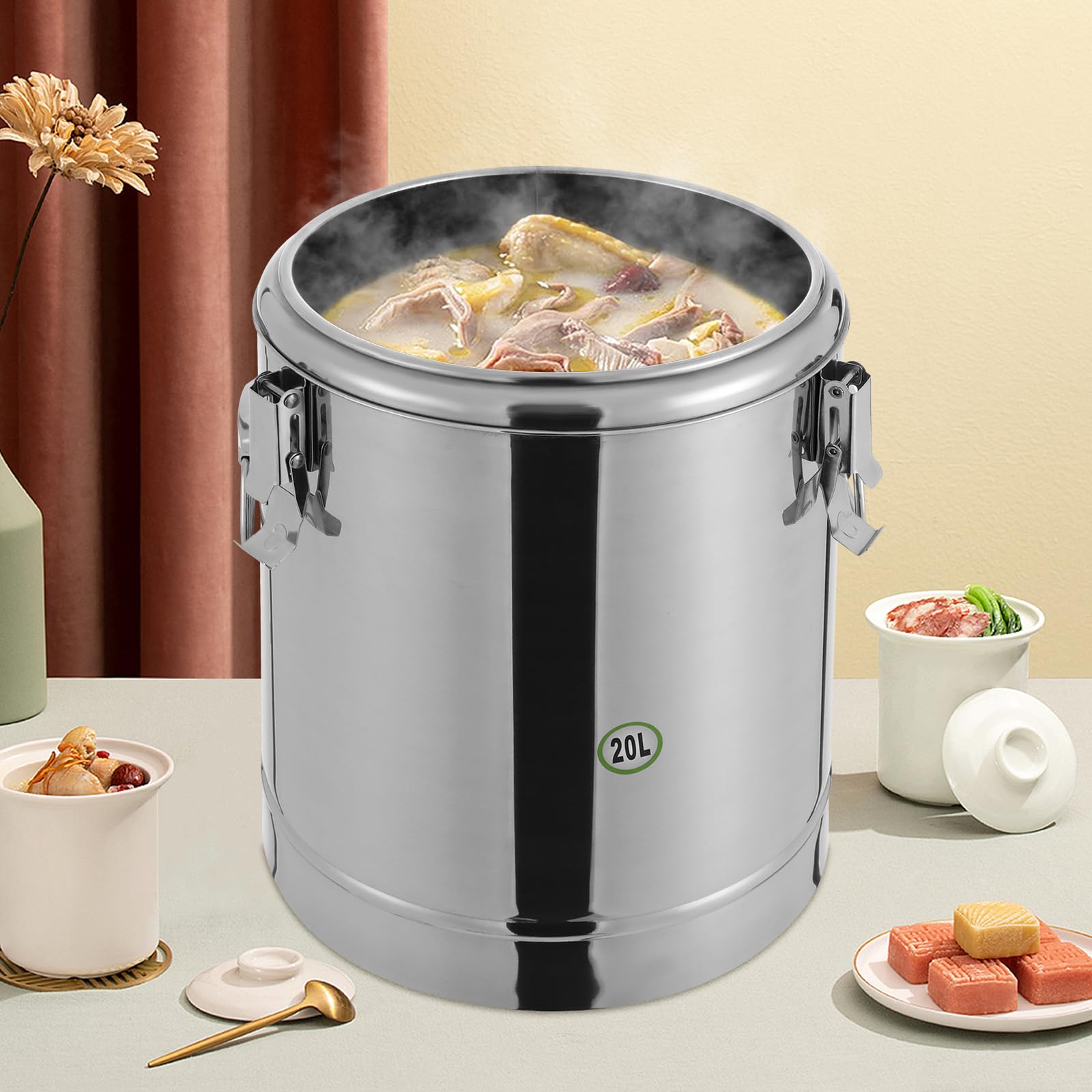 20L / 30L Transport Therm Transport - Recipiente térmico para alimentos de acero inoxidable con tapa y abrazadera de bloqueo, cubo de cocina de acero inoxidable para cantinas escolares (20 L)