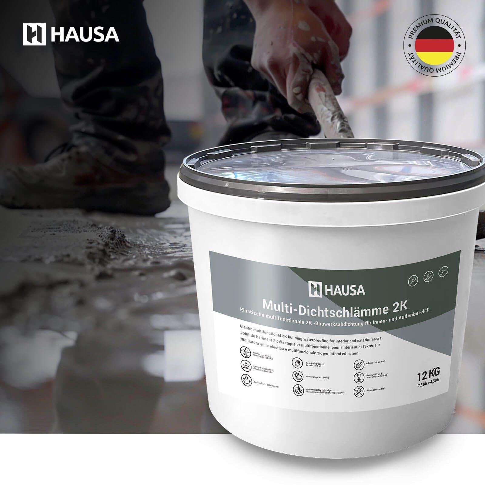 HAUSA Multi-Dichtschlämme 2K 12kg elastische 2K Dichtmasse für Innen- und Außen, Abdichtung von Schwimmbad Pool Betonbecken Balkon Terrasse Bad Keller Dusche, druckwasserdicht lösungsmittelfrei