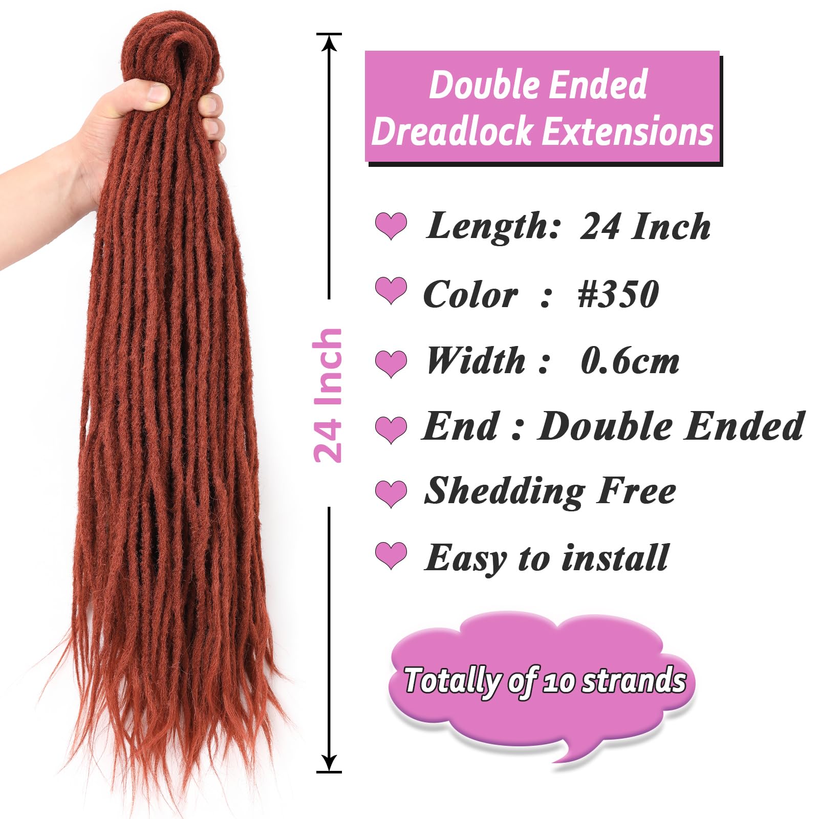 Samtress Double Ended Dreadlock Extensions 24 Inch Copper Red Synthetic 0.6 cm Width Soft Dreads Loc 10 Strands Handmade Soft Loc Hippie Wool Dreads Hair Extensions for Women and Men (#350) - Image 2