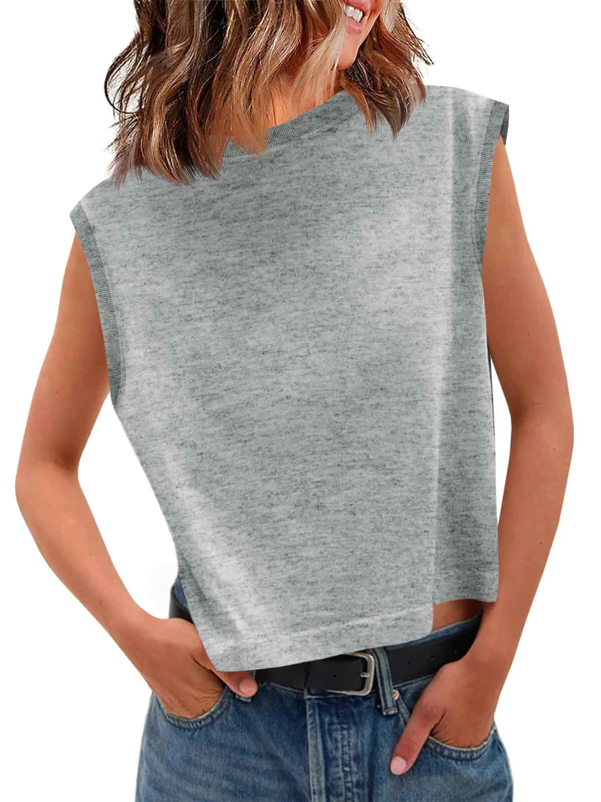 Tankaneo Womens Cropped Cap Sleeve Tank Tops Summer Basic Tee Shirts Muscle Tank, Crew Neck, Sleeveless Shirts, Loose Fit, Casual Trendy, Boxy