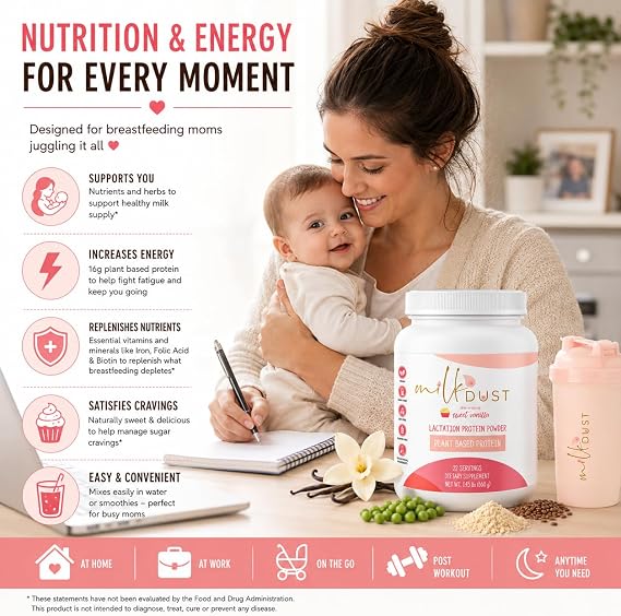 Milk Dust Lactation Protein Powder for Breastfeeding Moms, 16g Protein, Vegan Pea Protein, Dairy-Free, Supports Milk Supply & Energy, Vanilla, 660g, 22 Servings