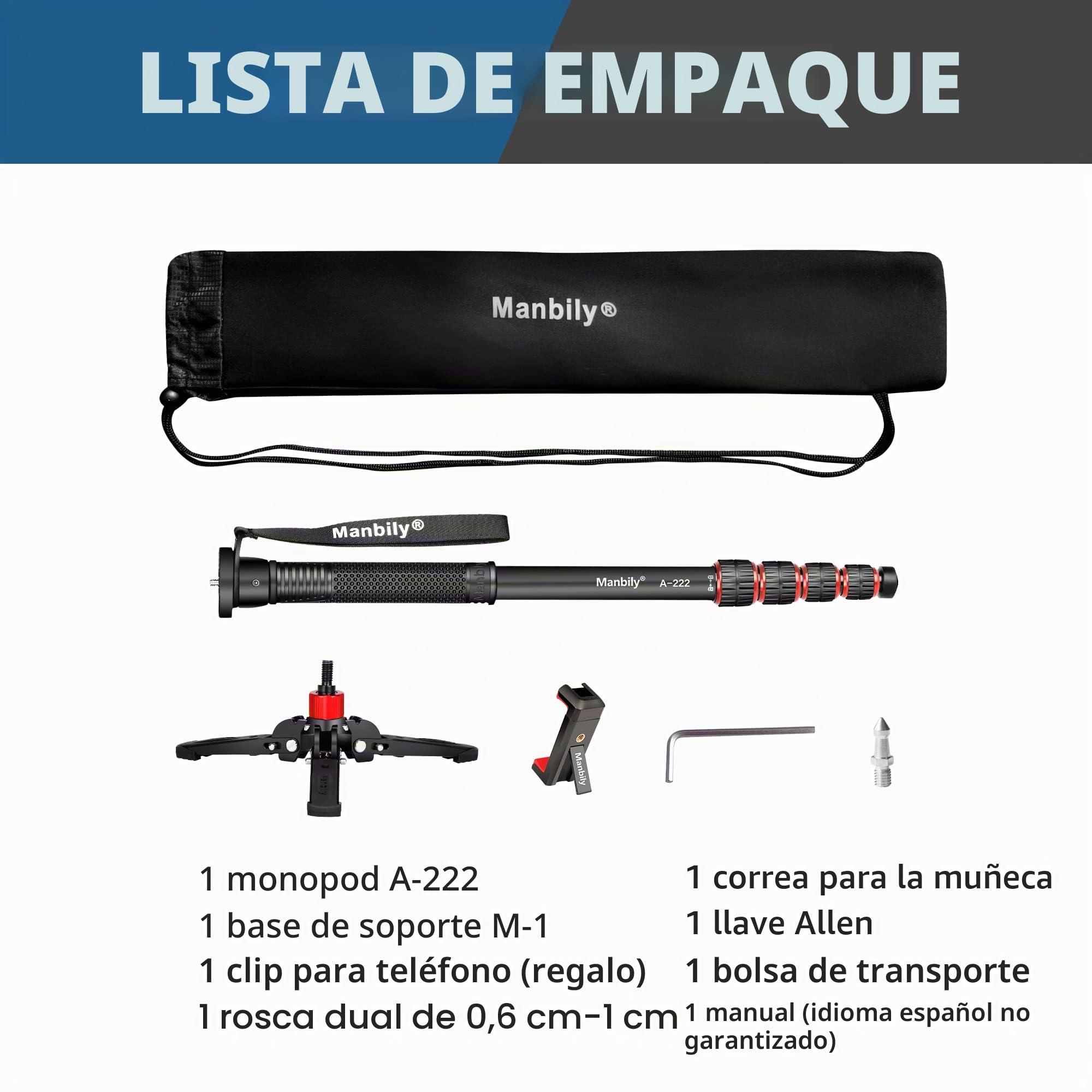 Manbily Monopié Extensible de Aluminio con Patas, Portátil de Viaje y Base de Trípode Desmontable para DSLR Cámara Canon Sony Nikon con Clip de Móvil, 5 Secciones 170cm, Carga Máxima de 7KG (A-222)