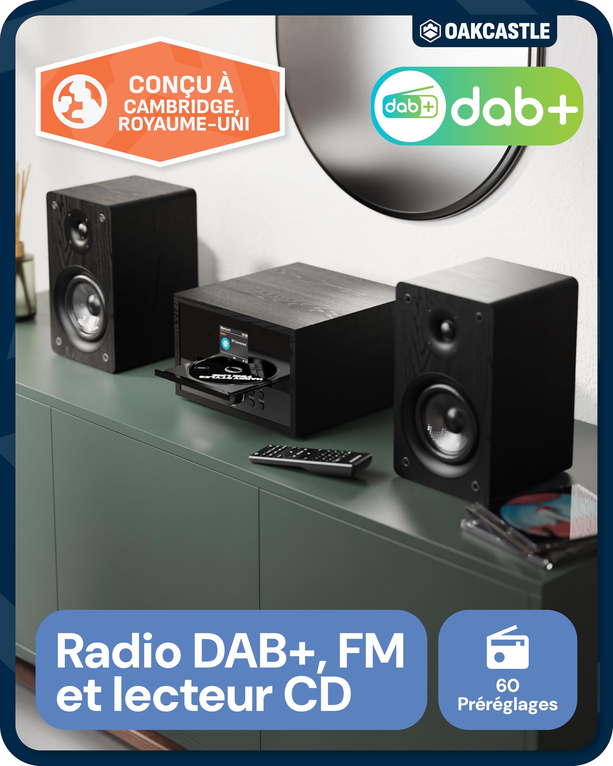 Mini Chaine HiFi, Lecteur CD avec Radio Plus, Haut Parleurs 60W Oakcastle | Haut-Parleurs, Radio Réveil Double Alarme, USB, AUX, MP3, Télécommande, Écran TFT