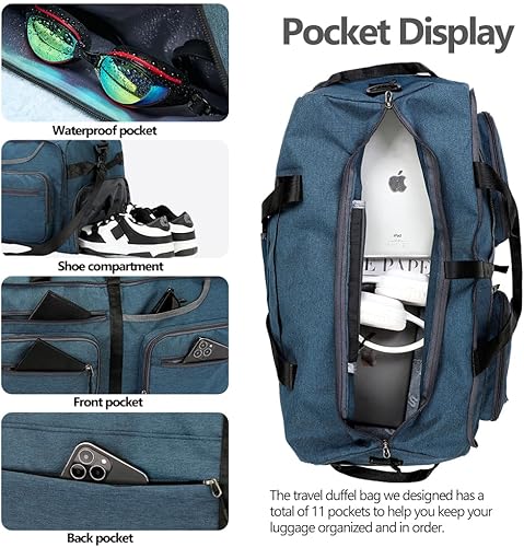 Miniatura 4 de Bolsa de viaje plegable de 65 litros con compartimento para zapatos y bolsillo húmedo, impermeable y resistente a desgarros, A4-azul oscuro